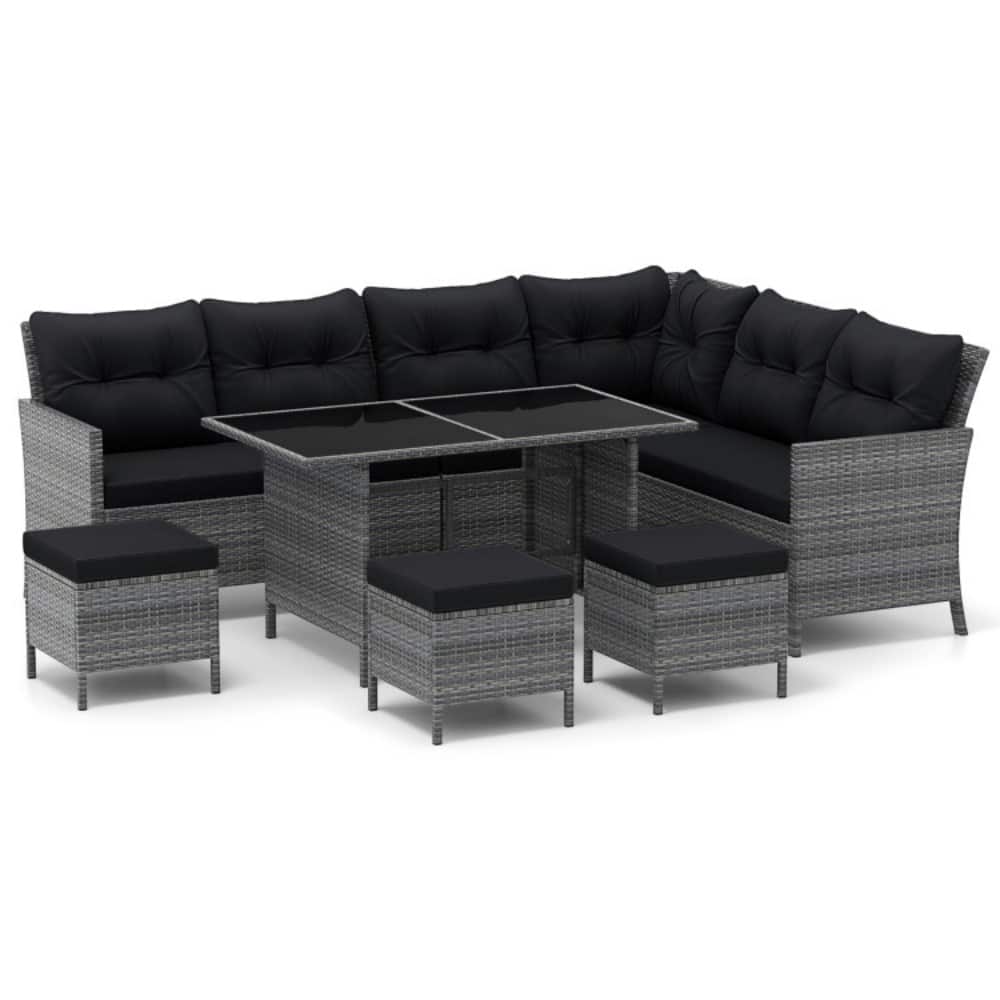 Mondawe - 7 Pieces Patio Dining Furniture Set with Soft Cushions and Ottomans - Black