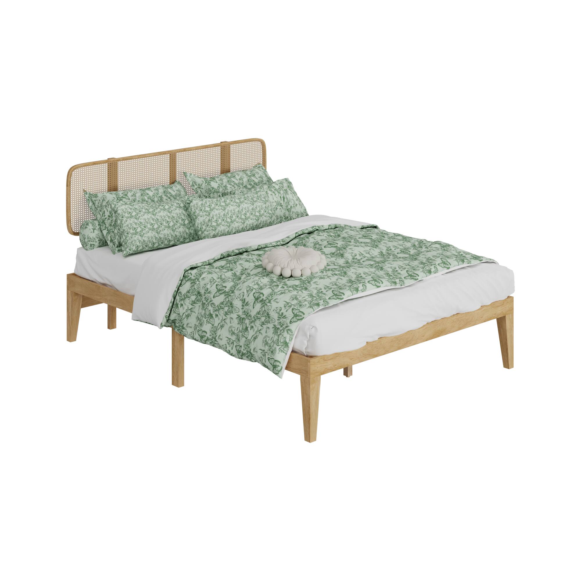 Left. Famapy - Famapy Japandi Solid Wood Bed Frame - Rattan Headboard, Rubber Wood, Sturdy Slat Support - Wooden.