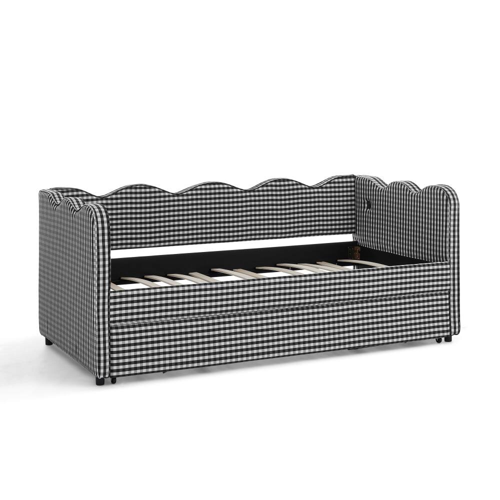 Alt View 7. JUJABU - Black Cozy Gingham Daybed with Twin Size Trundle No Box Spring Needed, with USB Port and Adorable Wave Shaped - Black.
