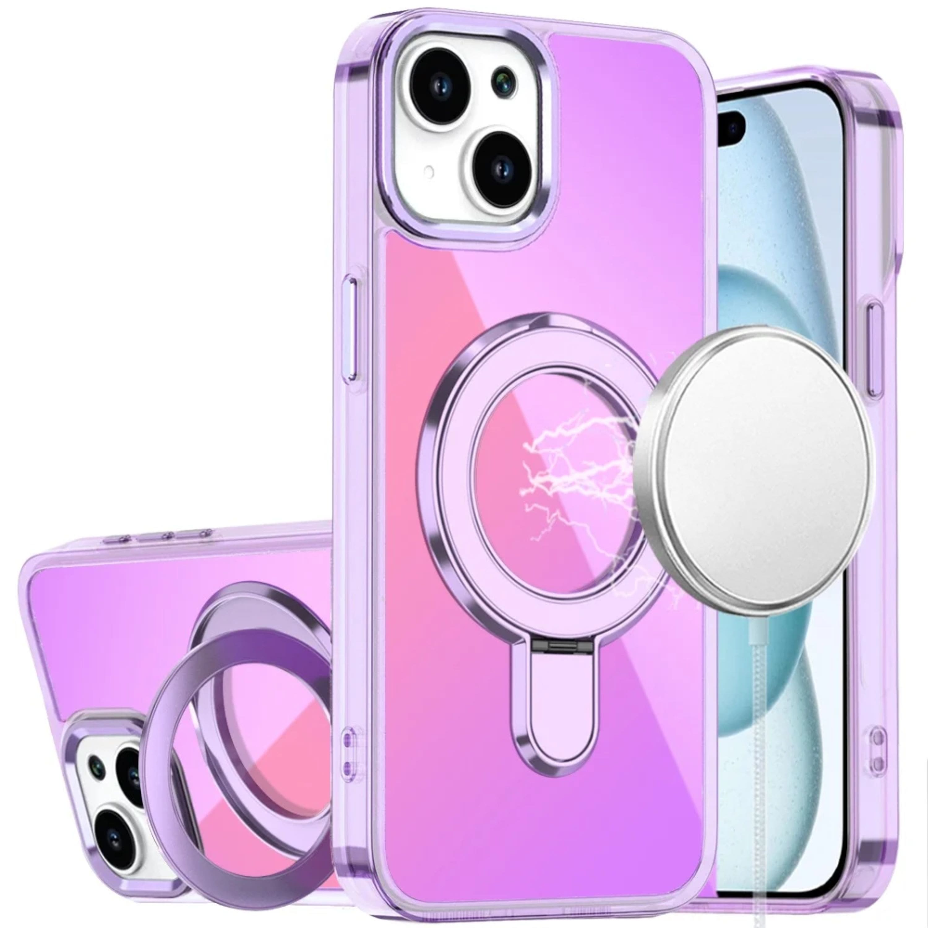 Kitcheniva - Radiant Chrome Magnetic Circle Stand Phone Case With 2 Pcs Tempered Glass For iPhone 15 Plus - Light Purple price history on PriceWatchPro