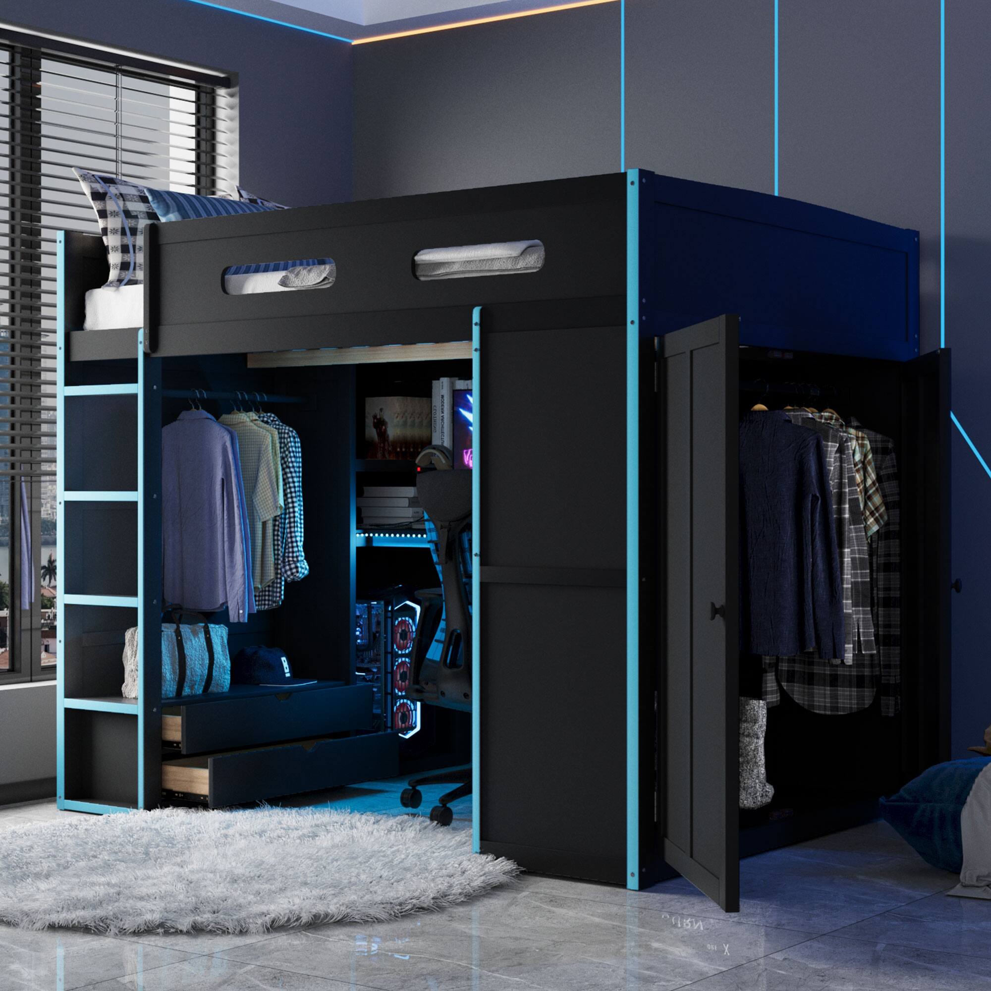 Angle. Anysun - Full Size Wood Loft Bed with Desk,Wardrobe,Ample Storage Space,and RGB Light - Blue.