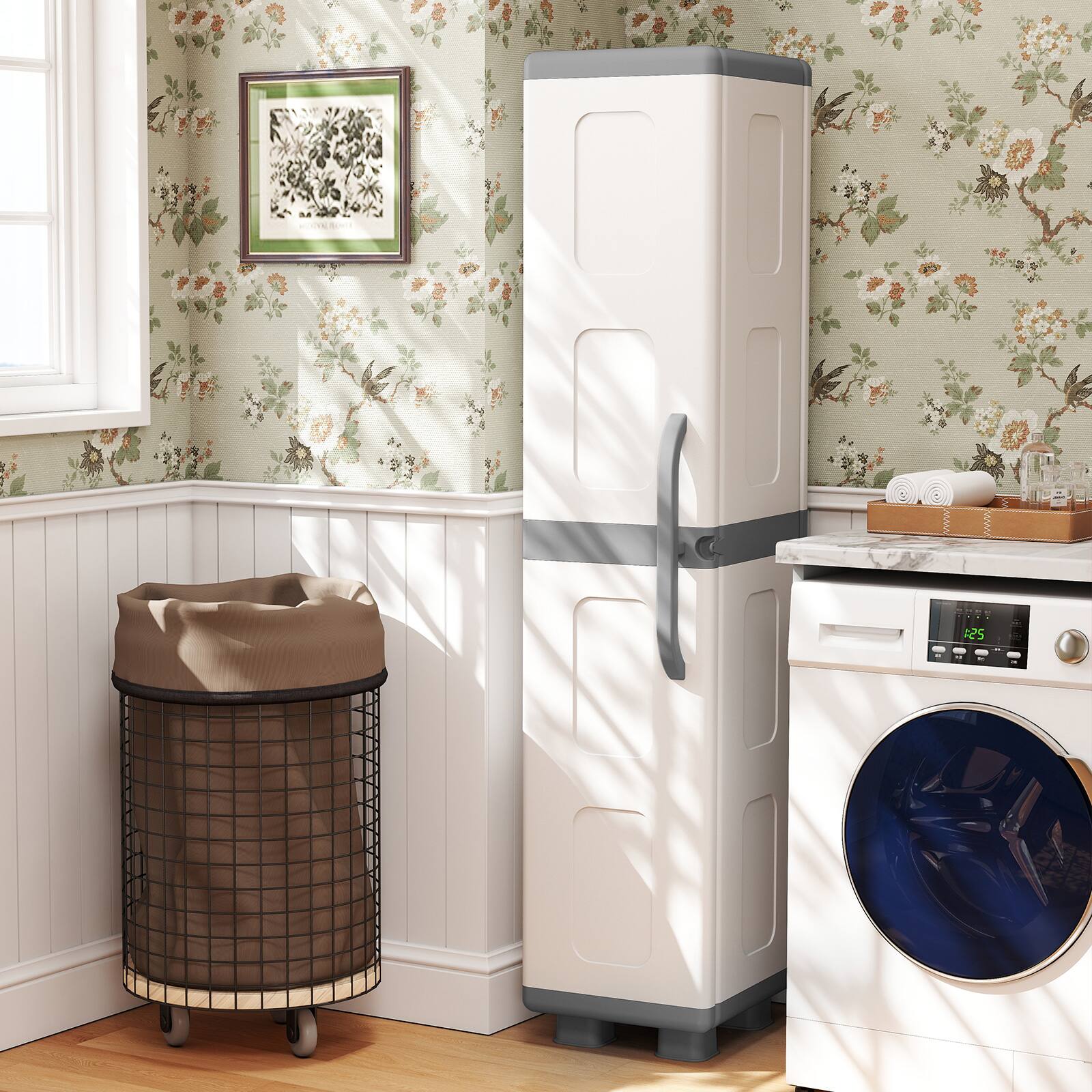 Alt View 3. Costway - Costway Slim Storage Cabinet with Single Door, Plastic Kitchen Pantry with 4 Shelves - Gray and White.