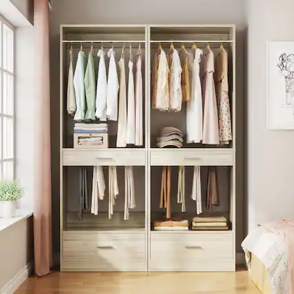 Front. Aheaplus - 47.2'' All-in-One Closet Organizer with 2 Drawers, Freestanding Wardrobe Closet Rack with Pant Racks & Hanging Rods - Beige Oak.