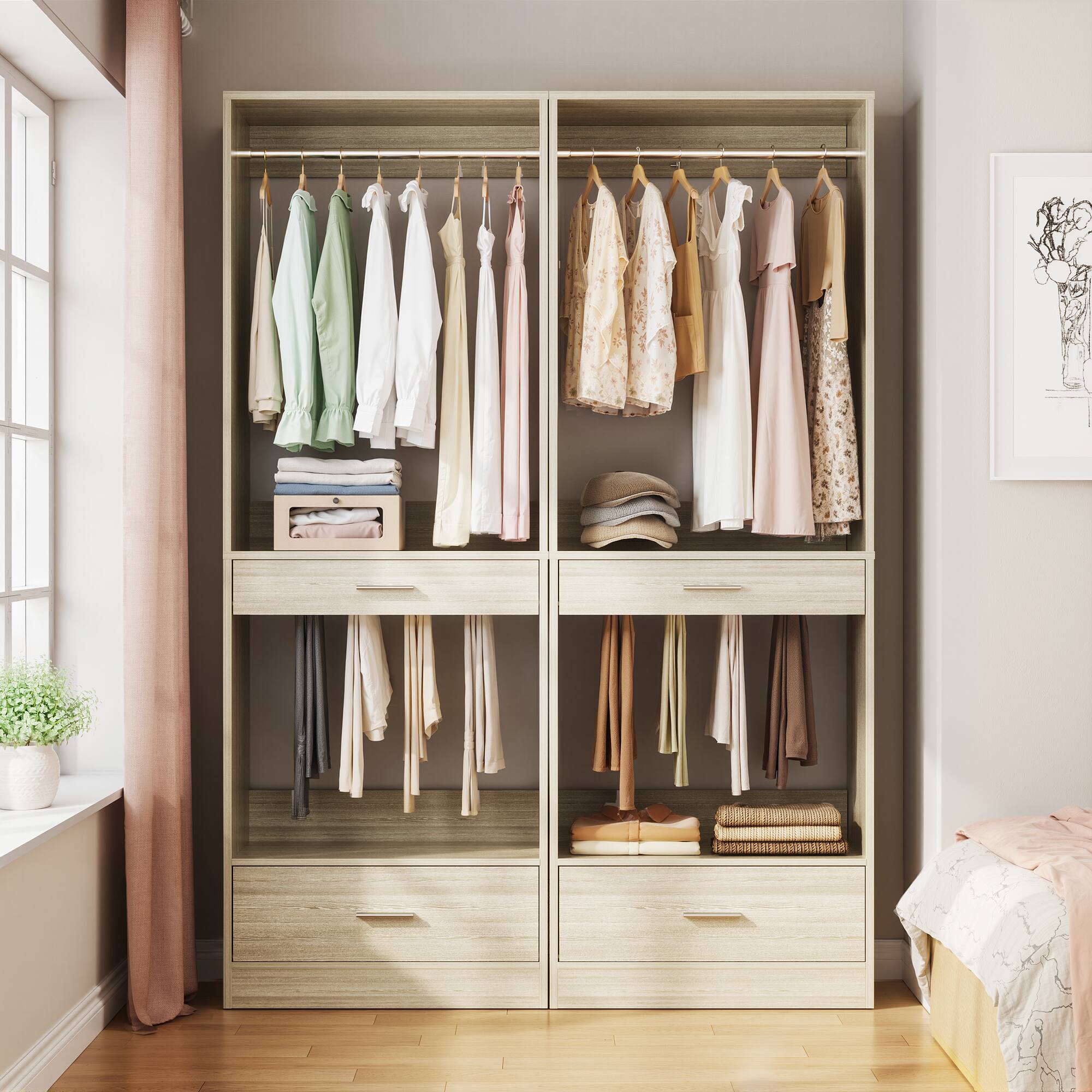 Aheaplus - 47.2'' All-in-One Closet Organizer with 2 Drawers, Freestanding Wardrobe Closet Rack with Pant Racks & Hanging Rods - Beige Oak