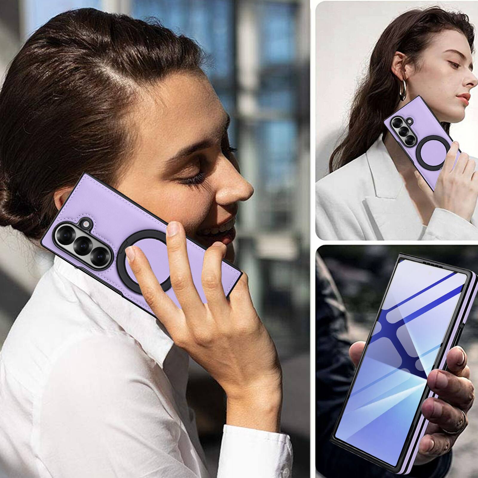 Alt View 5. Dteck - Magnetic Case for Samsung Galaxy Z Fold7 with Ring Kickstand,Built-in Screen Protector,Faux Leather Shockproof Cover - Lightpurple.