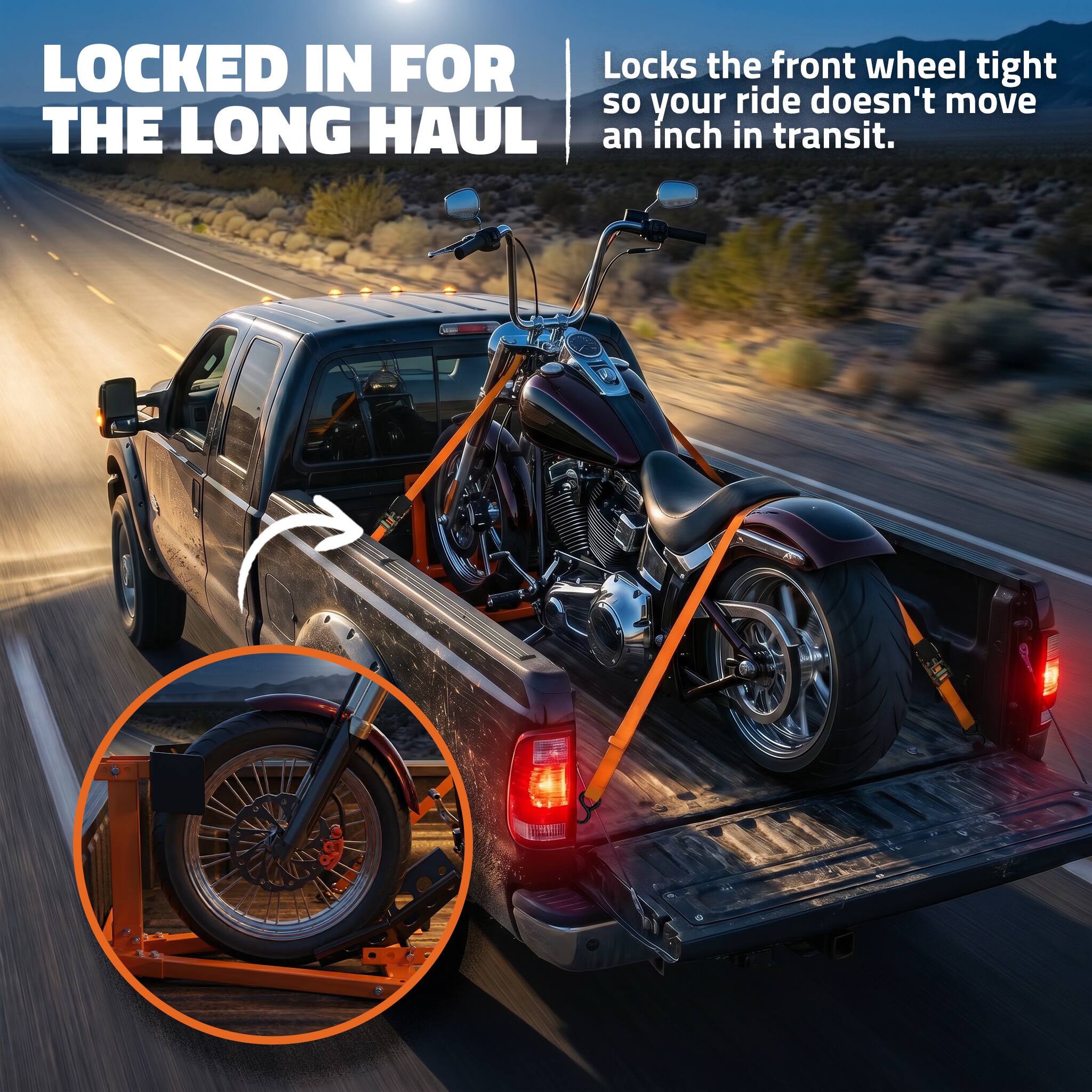 LOCKED IN FOR THE LONG HAUL

Locks the front wheel tight so your ride doesn't move an inch in transit.