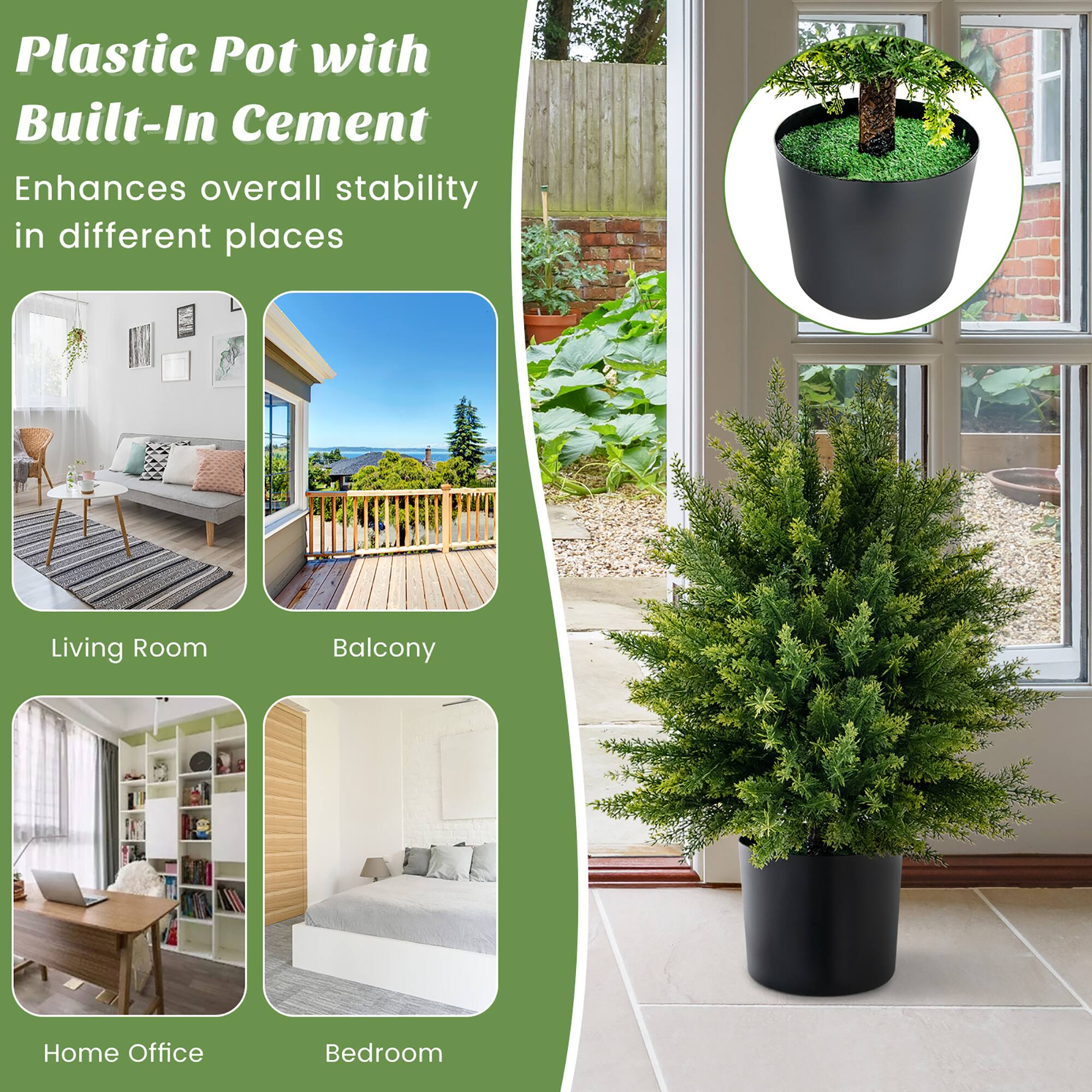 Plastic Pot with Built-In Cement Enhances overall stability in different places: Living Room, Balcony, Home Office, Bedroom.