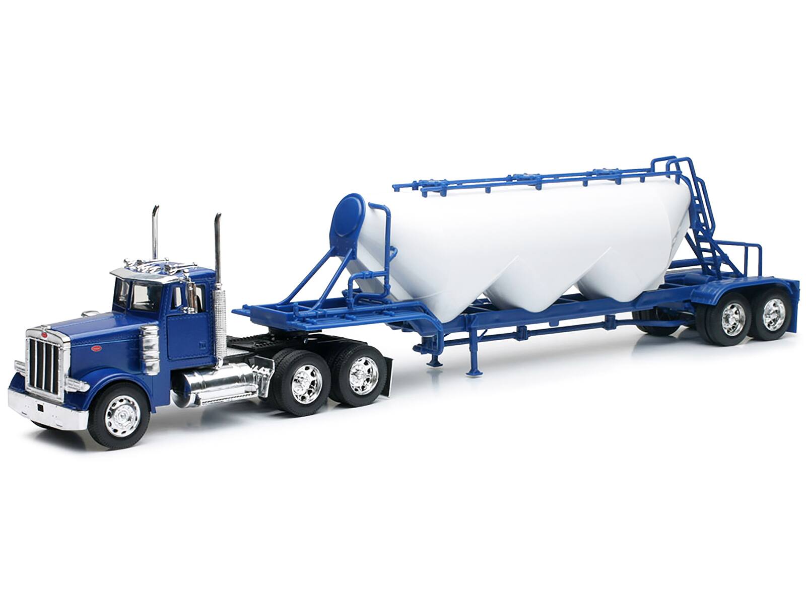 Angle. New Ray - Peterbilt 379 Truck Blue with Pneumatic Tanker Trailer White "Long Haul Truckers" Series 1/32 Diecast Model by New Ray - Blue.