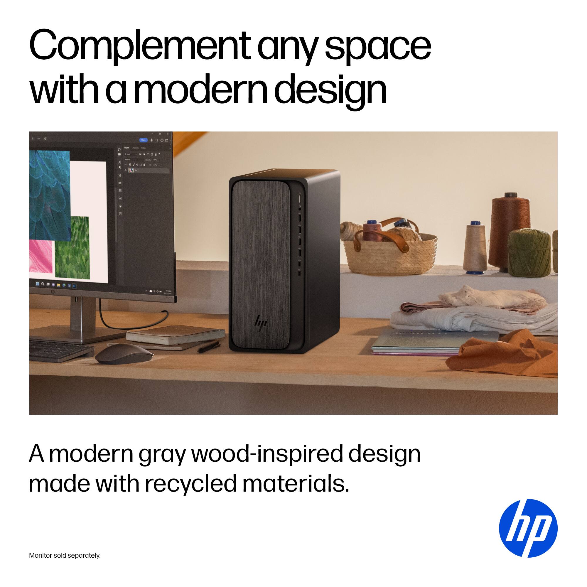 Complement any space with a modern design

A modern gray wood-inspired design made with recycled materials.

Monitor sold separately.