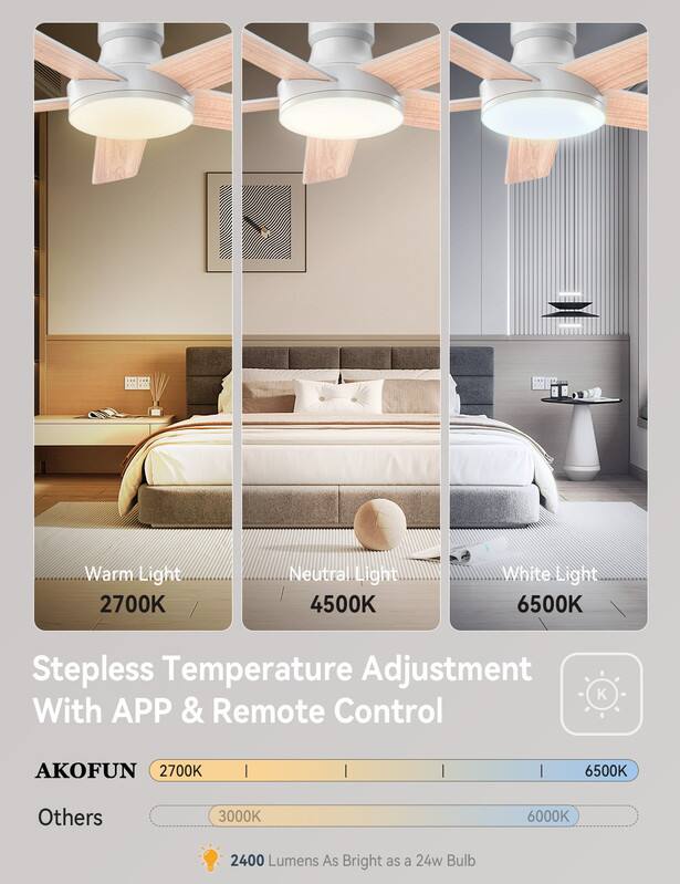 Warm Light 2700K  
Neutral Light 4500K  
White Light 6500K  
Stepless Temperature Adjustment With APP & Remote Control  

AKOFUN 2700K | 6500K  
Others 3000K 6000K  

2400 Lumens As Bright as a 24w Bulb