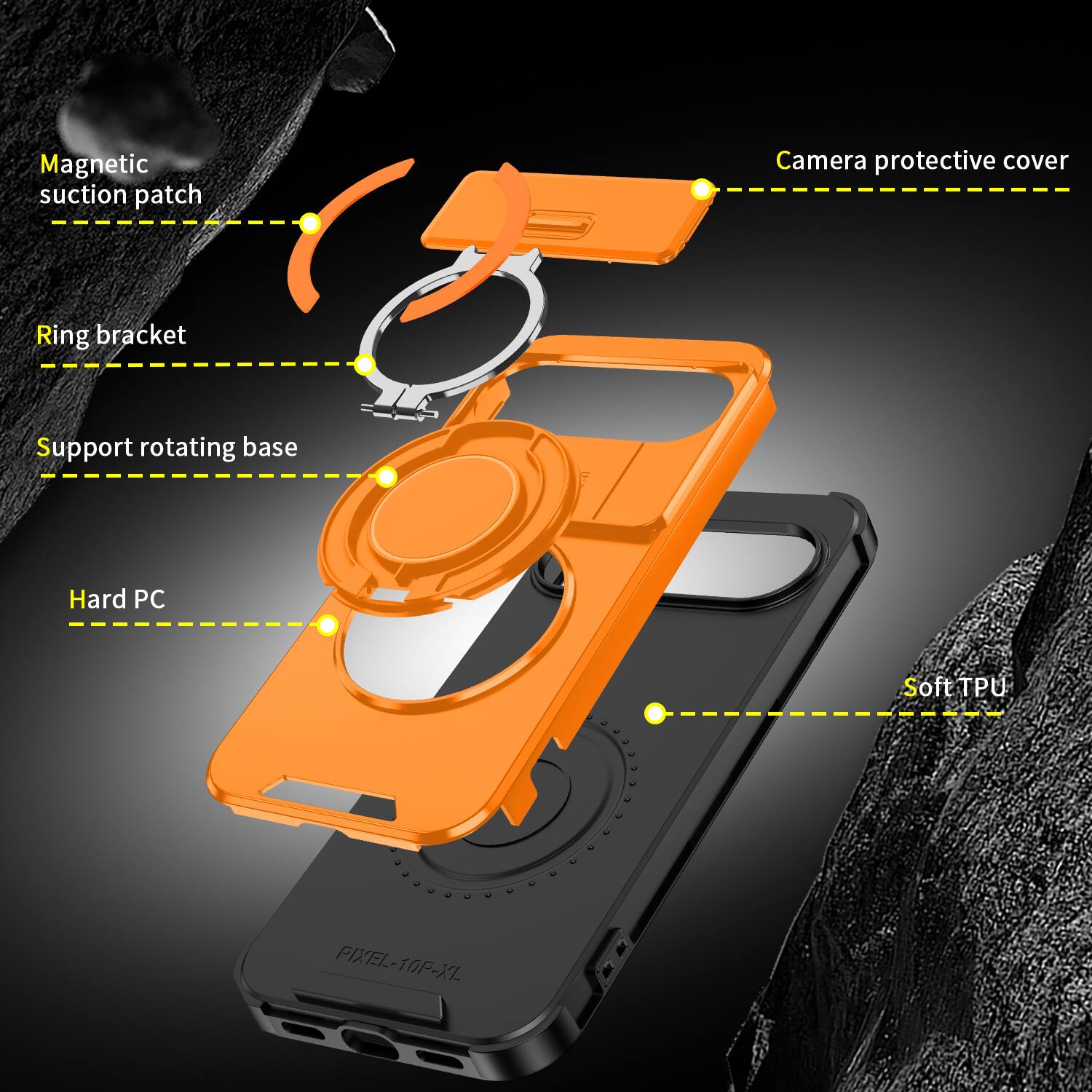 Magnetic suction patch  
Camera protective cover  
Ring bracket  
Support rotating base  
Hard PC  
Soft TPU  
PIXEL-10P-XL