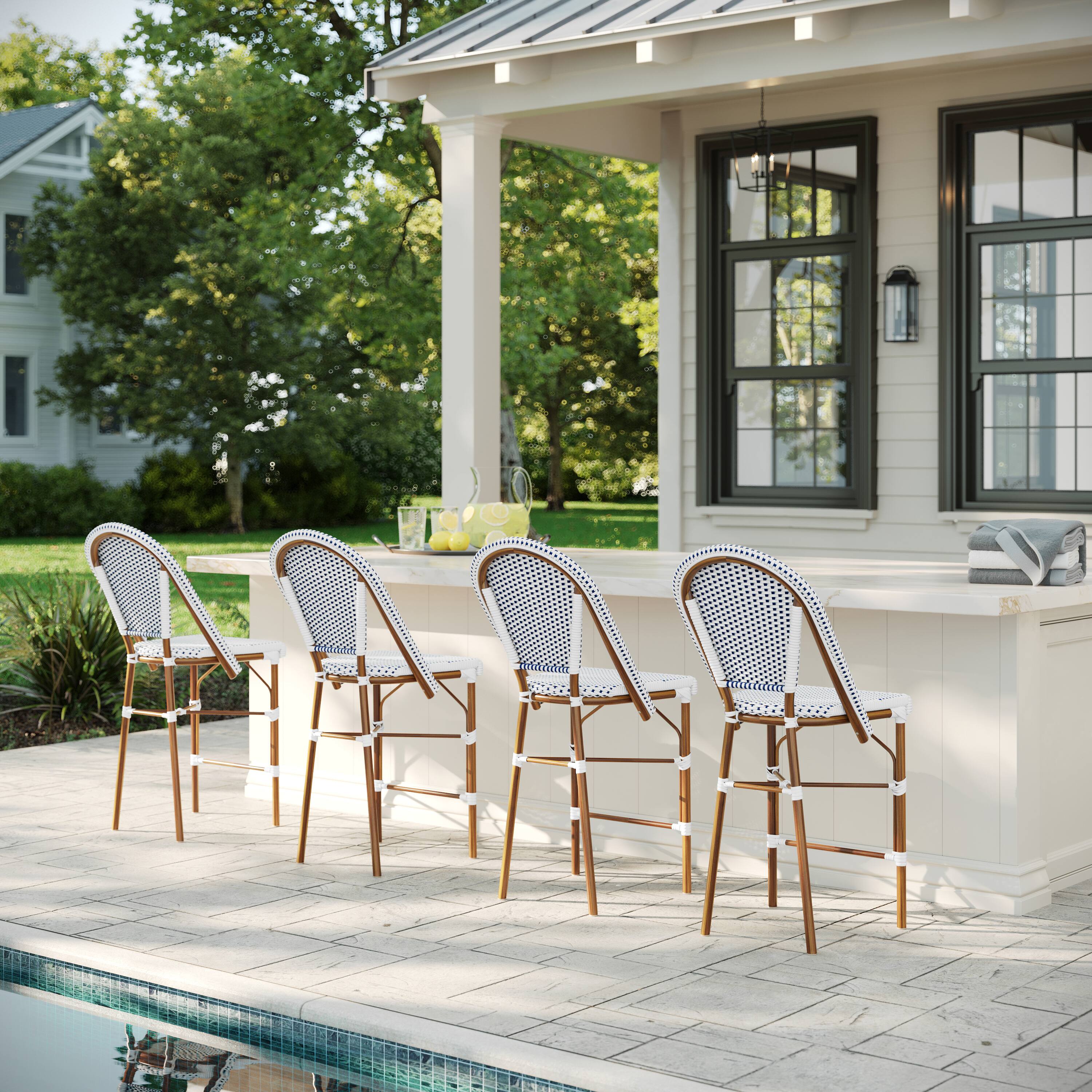 Alt View 4. Martha Stewart - Lily Pond All-Weather Stackable Patio Bistro Counter Stool - Navy & White/Natural Frame.