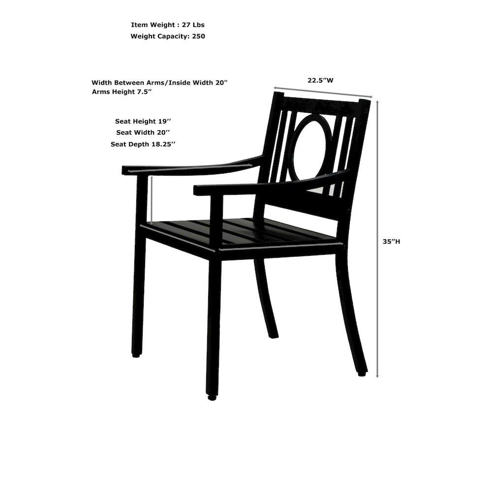 Item Weight: 27 Lbs  
Weight Capacity: 250  

Width Between Arms/Inside Width: 20"  
Arms Height: 7.5"  

Seat Height: 19"  
Seat Width: 20"  
Seat Depth: 18.25"  

22.5"W  
35"H