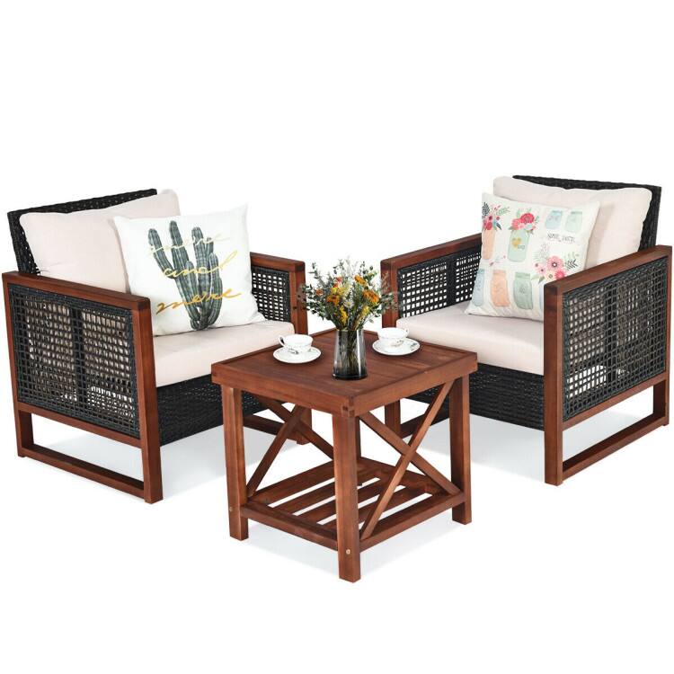 Alt View 3. Mondawe - 3-Piece Patio Wicker Furniture Set w/ Acacia Wood Table, Outdoor Rattan Chairs with Washable Cushions - Beige.