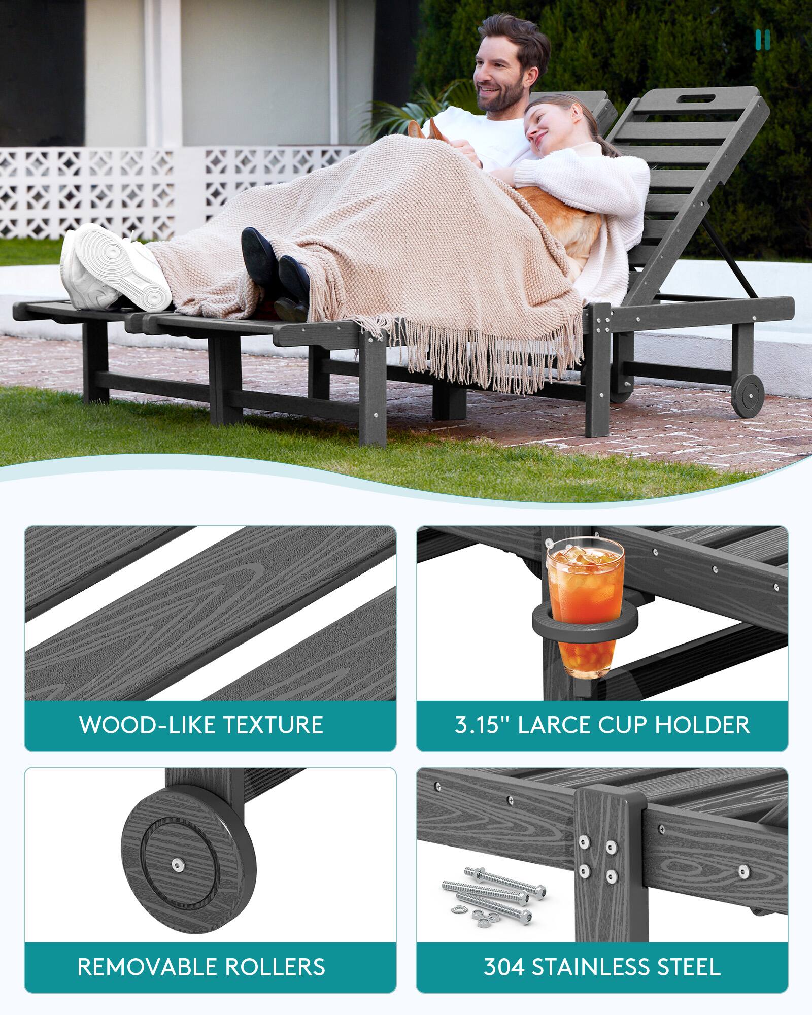 WOOD-LIKE TEXTURE  
3.15" LARGE CUP HOLDER  
REMOVABLE ROLLERS  
304 STAINLESS STEEL
