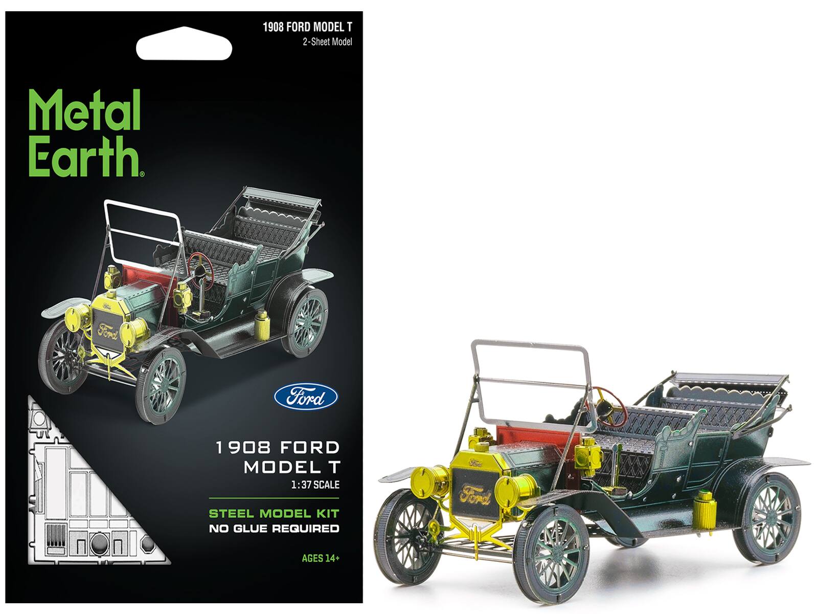 1908 FORD MODEL T  
2-Sheet Model  

Metal Earth  

1908 FORD MODEL T  
1:37 SCALE  
STEEL MODEL KIT  
NO GLUE REQUIRED  
AGES 14+  

Ford