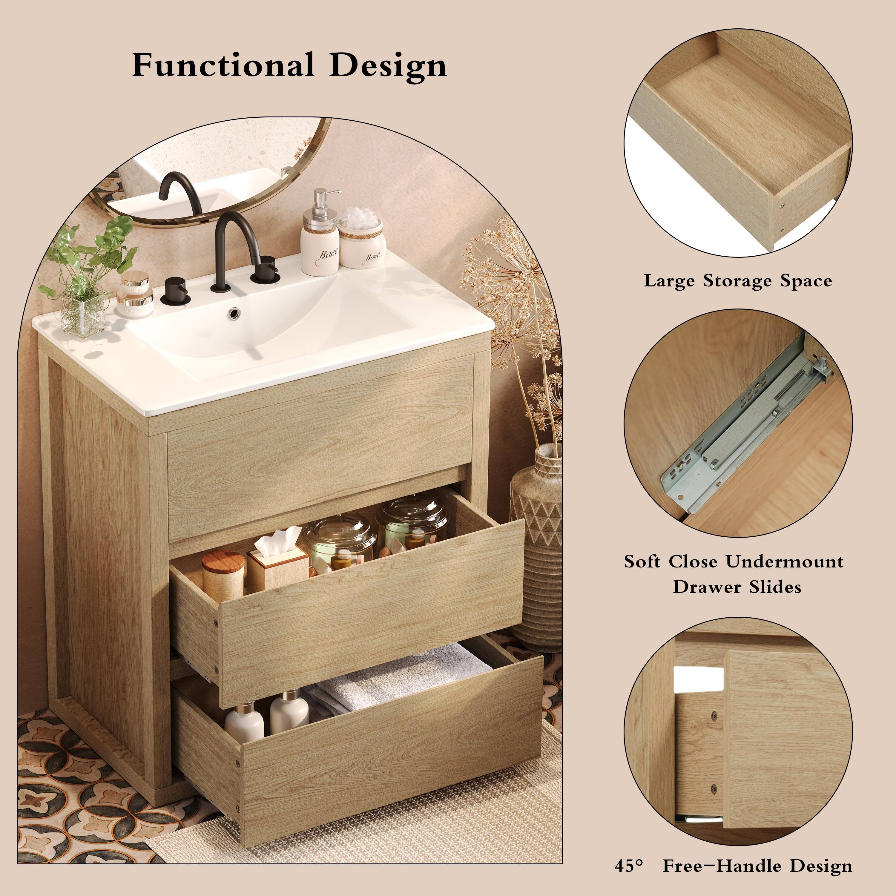 Functional Design

- Large Storage Space
- Soft Close Undermount Drawer Slides
- 45° Free-Handle Design