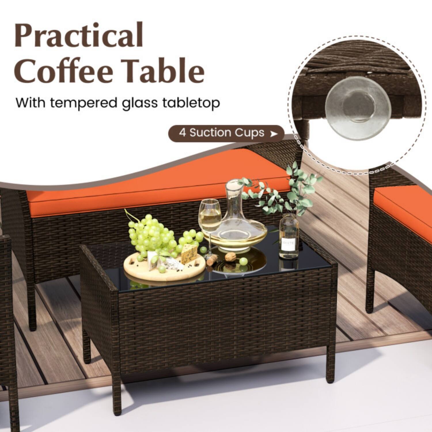 Practical Coffee Table  
With tempered glass tabletop  
4 Suction Cups