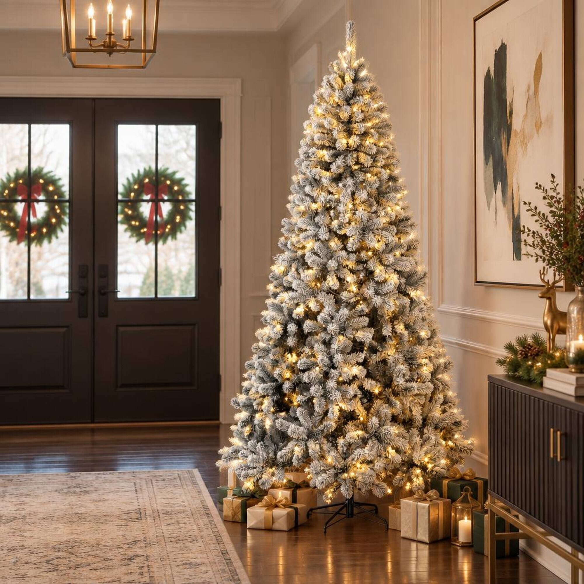 Back. RYHNUYNE - 6FT Pre-Lit Flocked Northern Pine Christmas Tree With Realistic Curved Tips and Pre-Strung LED Lights - Green,White.
