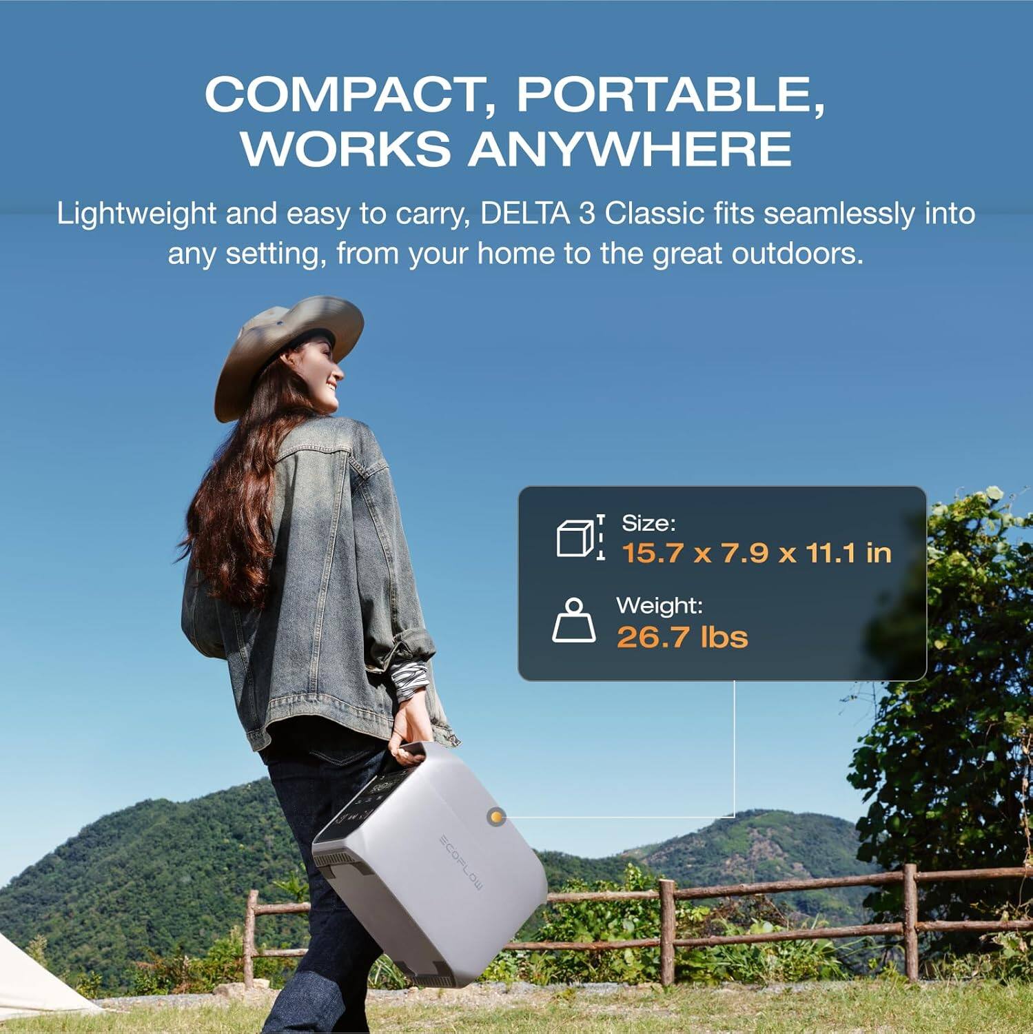 COMPACT, PORTABLE, WORKS ANYWHERE

Lightweight and easy to carry, DELTA 3 Classic fits seamlessly into any setting, from your home to the great outdoors.

Size: 15.7 x 7.9 x 11.1 in
Weight: 26.7 lbs