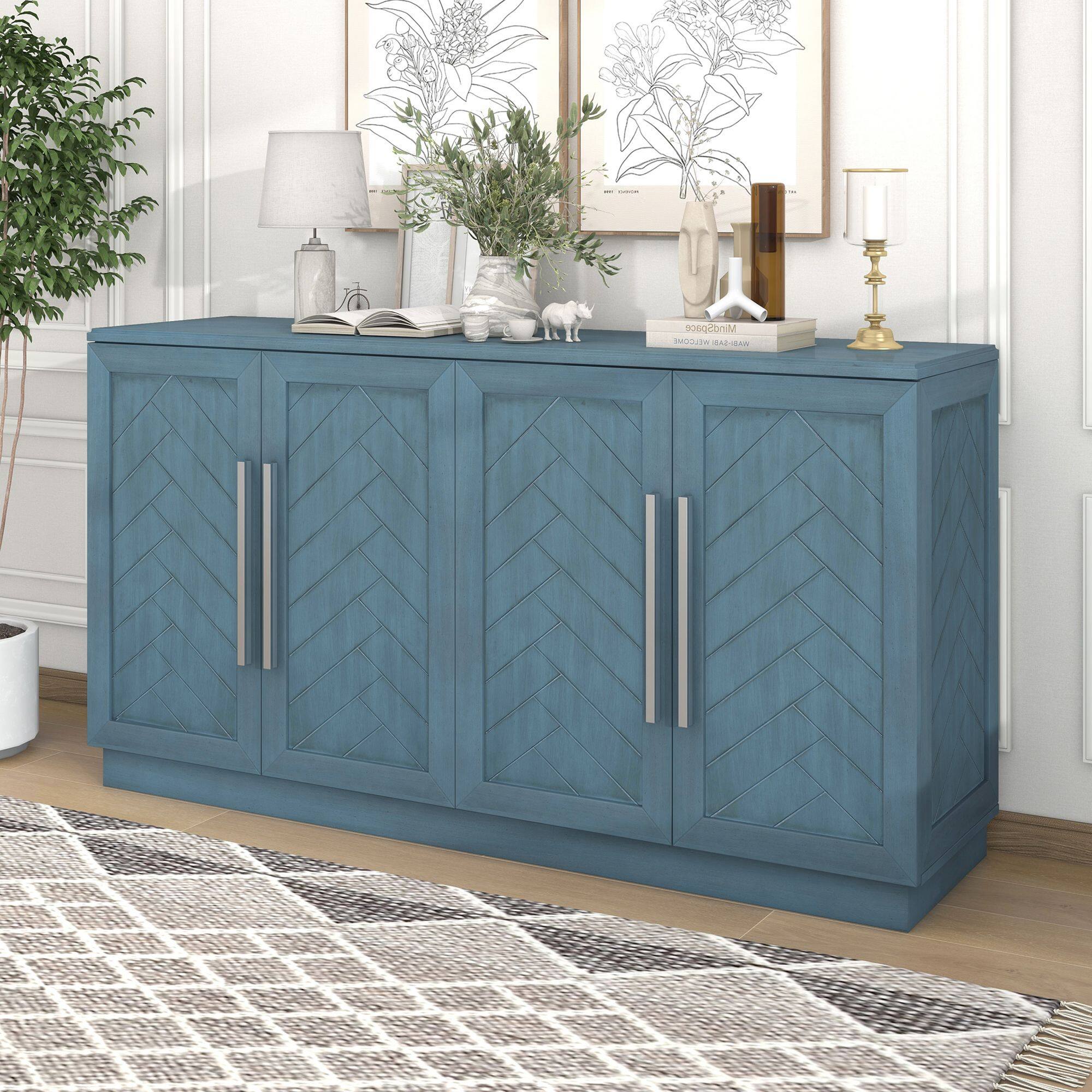 Mirfee - Sideboard with 4 Doors, Large Storage, Adjustable Shelves, Silver Handles, for Kitchen Dining - Antique Blue