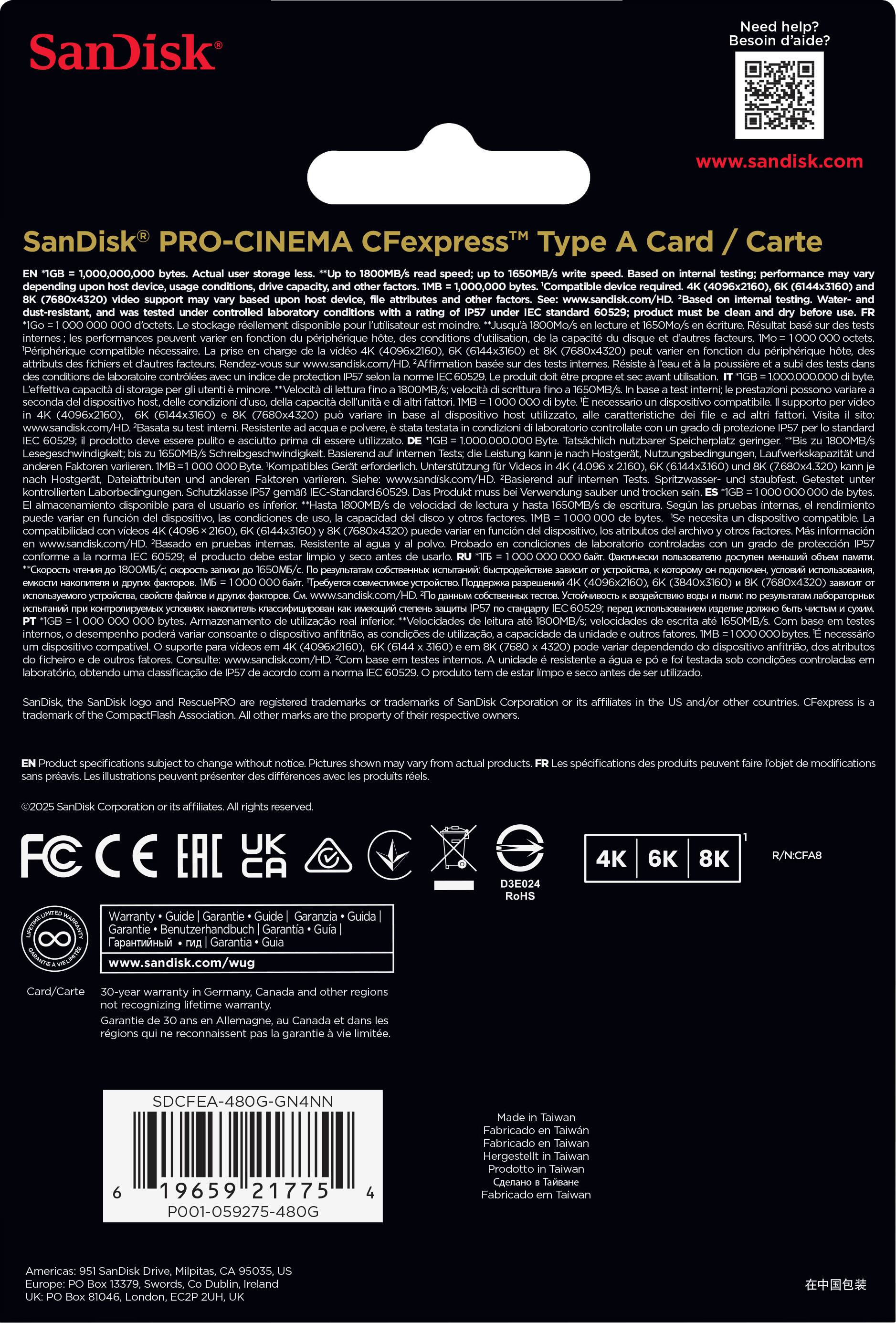 SanDisk PRO-CINEMA CFexpress Type A storage 1800MB/s 1650MB/s testing: performance depending on conditions, capacity. 1,000,000 Compatible required. (4096x2160), (6144x3160) (7680x4320) support device, attributes testing. Dust-resistant, controlled laboratory conditions standard 60529; product storage capacity available. Jusqu'a internes performances peuvent fonction priphrique conditions d'utilisation capacit facteurs Priphrique compatible necessaire charge (4096x2160), (6144x3160) (7680x4320) fonction priphrique Rendez-vous poussire conditions laboratoire controles protection produit utflisation. L'effettiva capacit storage *Velocit 1800MB/s 1650MB/s prestazioni possono seconda dispositivo condizioni dell'unit dispositivo supporto (4096x2160), (6144x3160) dispositivo utilizzato, caratteristiche polvere, prodotto asciutto utilizzato Tatsachlich nutzbarer Speicherplatz Basi.