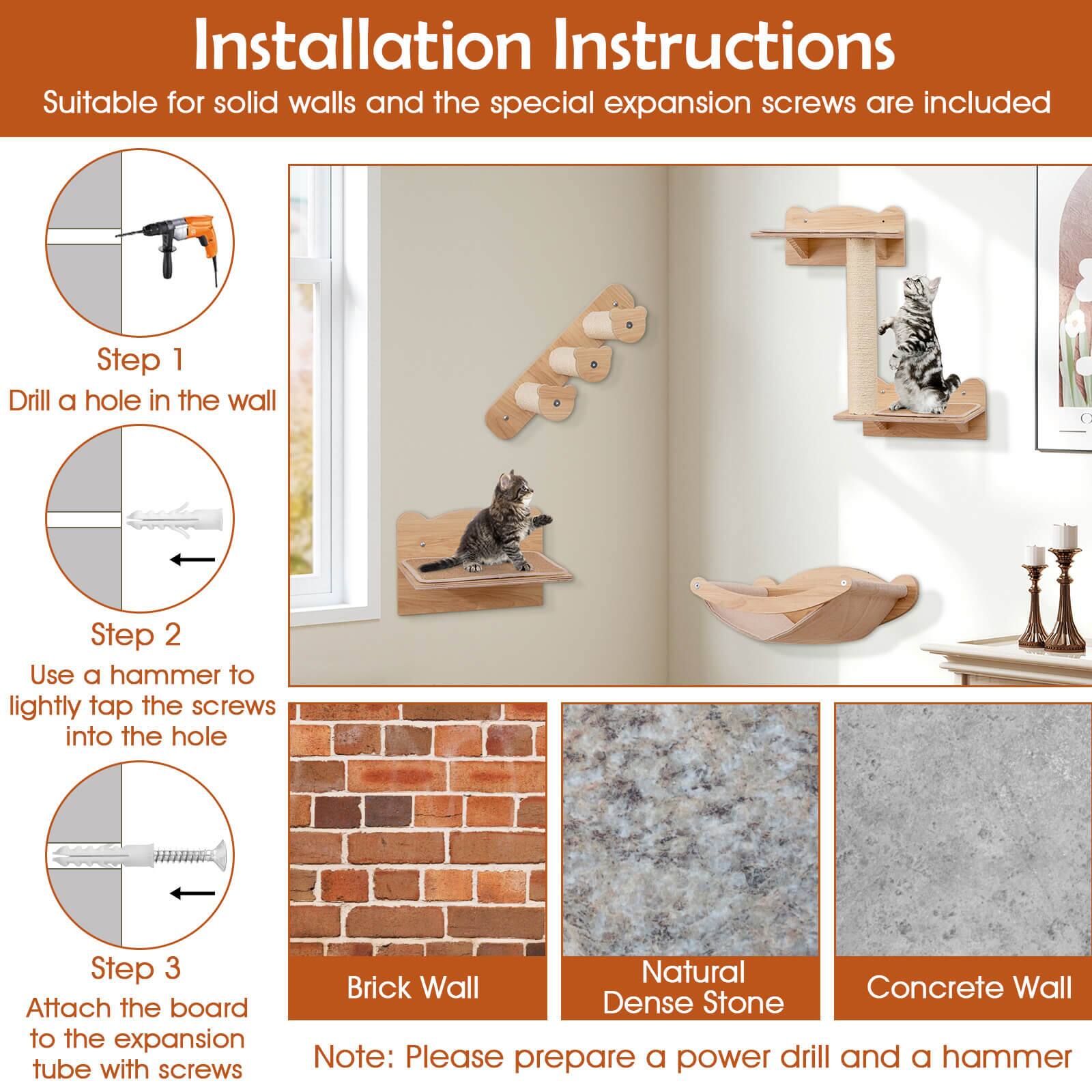 **Installation Instructions**

Suitable for solid walls and the special expansion screws are included

**Step 1**
Drill a hole in the wall

**Step 2**
Use a hammer to lightly tap the screws into the hole

**Step 3**
Attach the board to the expansion tube with screws

**Note:** Please prepare a power drill and a hammer

- Brick Wall
- Natural Dense Stone
- Concrete Wall