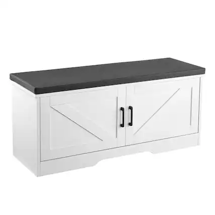 Front. VEVOR - Shoe Storage Bench with Padded Cushion, 39.4 x 14.0 x 18.1 Inch Organizer with Adjustable Shelf and Sliding Barn Doors - White + Black.