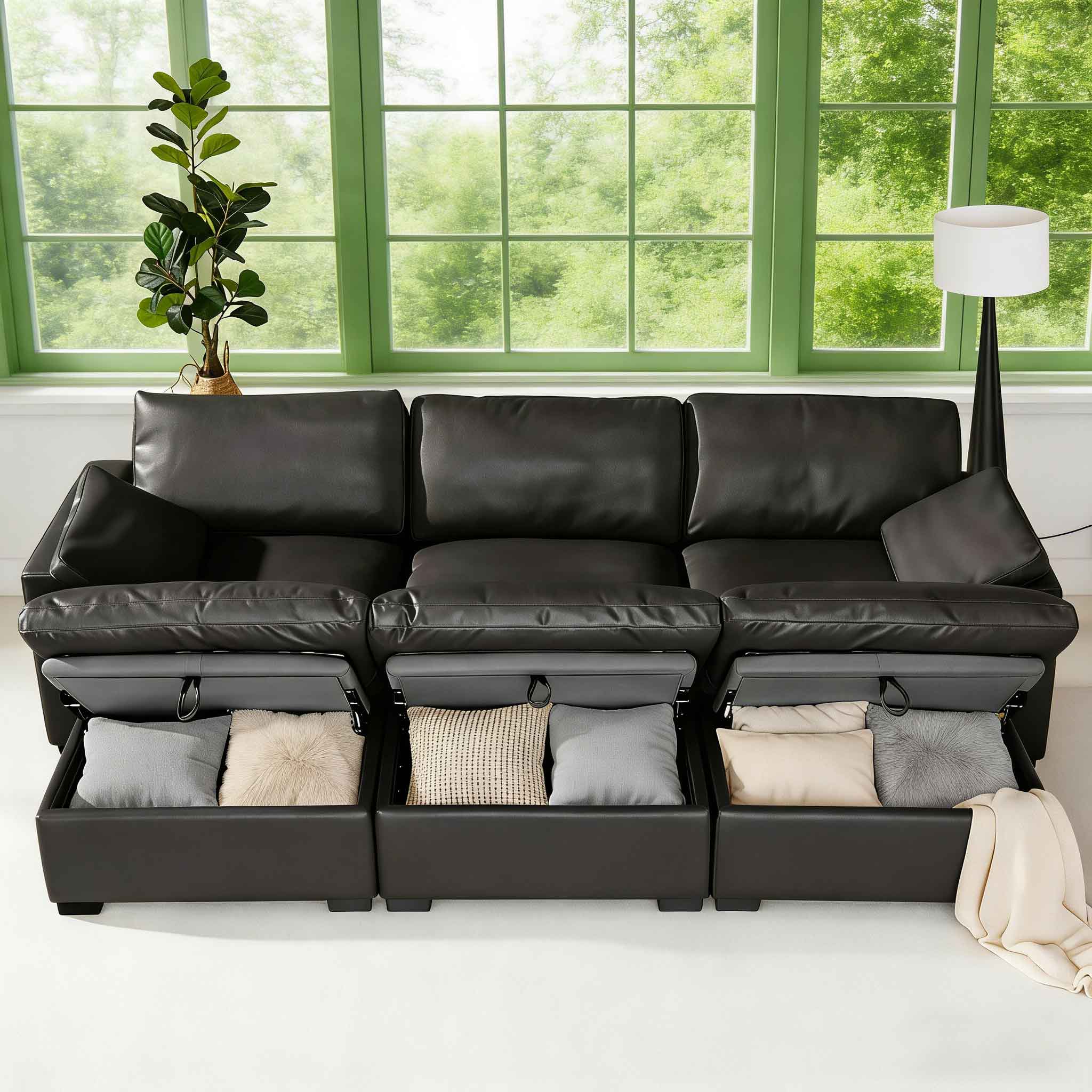 Angle. Dyonery - Dyonery 120" Modular Sectional Sofa, 6 Seat Sleeper Bed with Storage Ottoman , Solid Wood Frame, Faux Leather Black - Black Faux Leather.