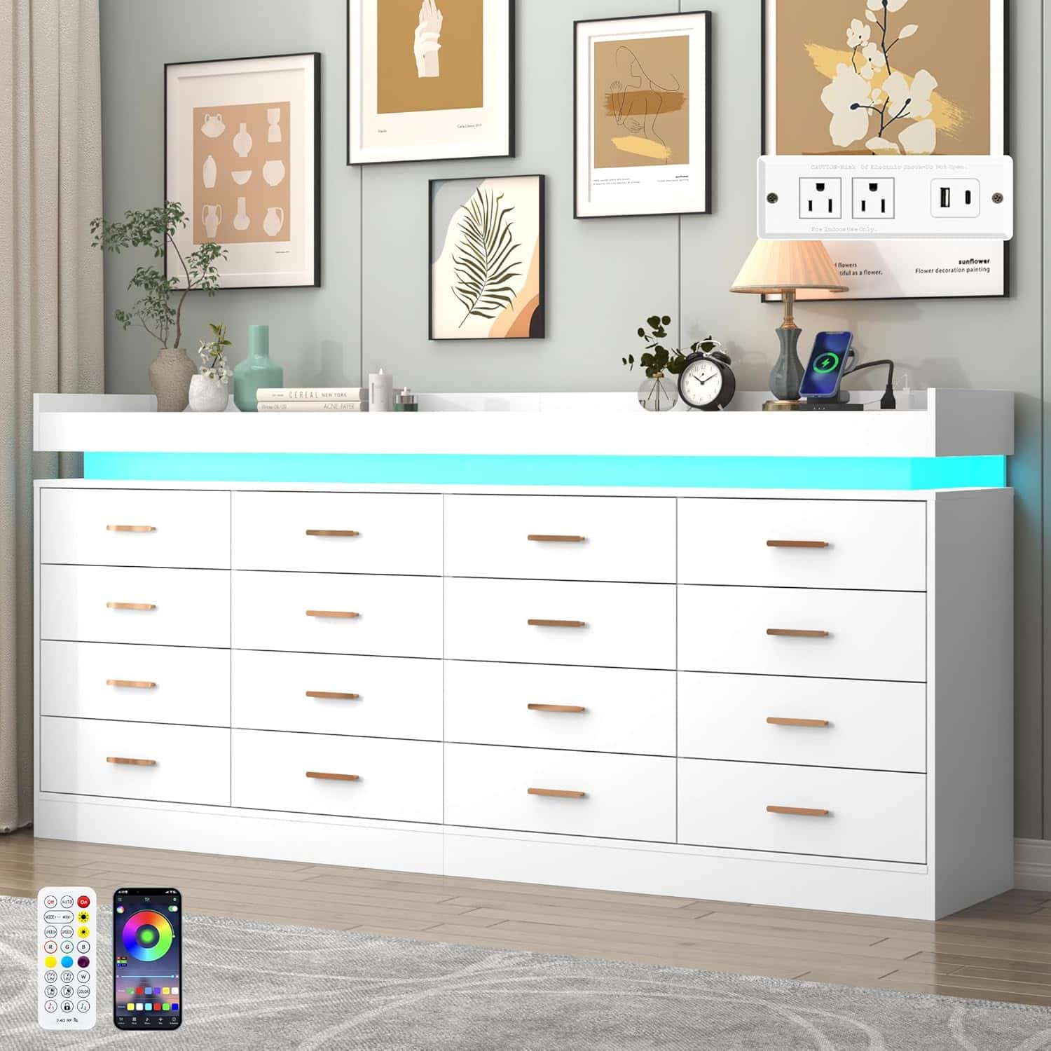Espafurni - 16 - Drawer Dresser with LED Light & Charging Station - Modern Chest for Bedroom, Living Room, Entryway & Hallway - White