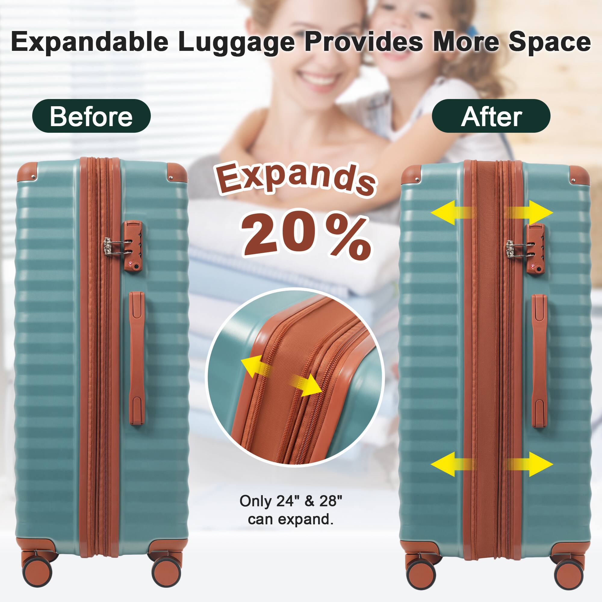 Expandable Luggage Provides More Space

Before

Expands 20%

After

Only 24" & 28" can expand.