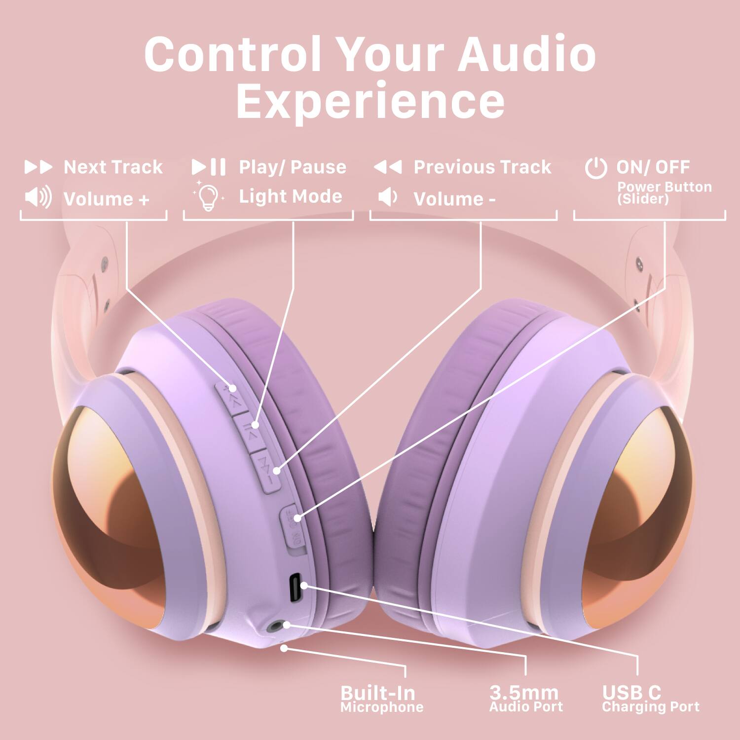Control Your Audio Experience

Next Track
Play/Pause
Previous Track
ON/OFF Power Button
Volume +
Volume - (Slider)
Built-In Microphone
3.5mm Audio Port
USB C Charging Port