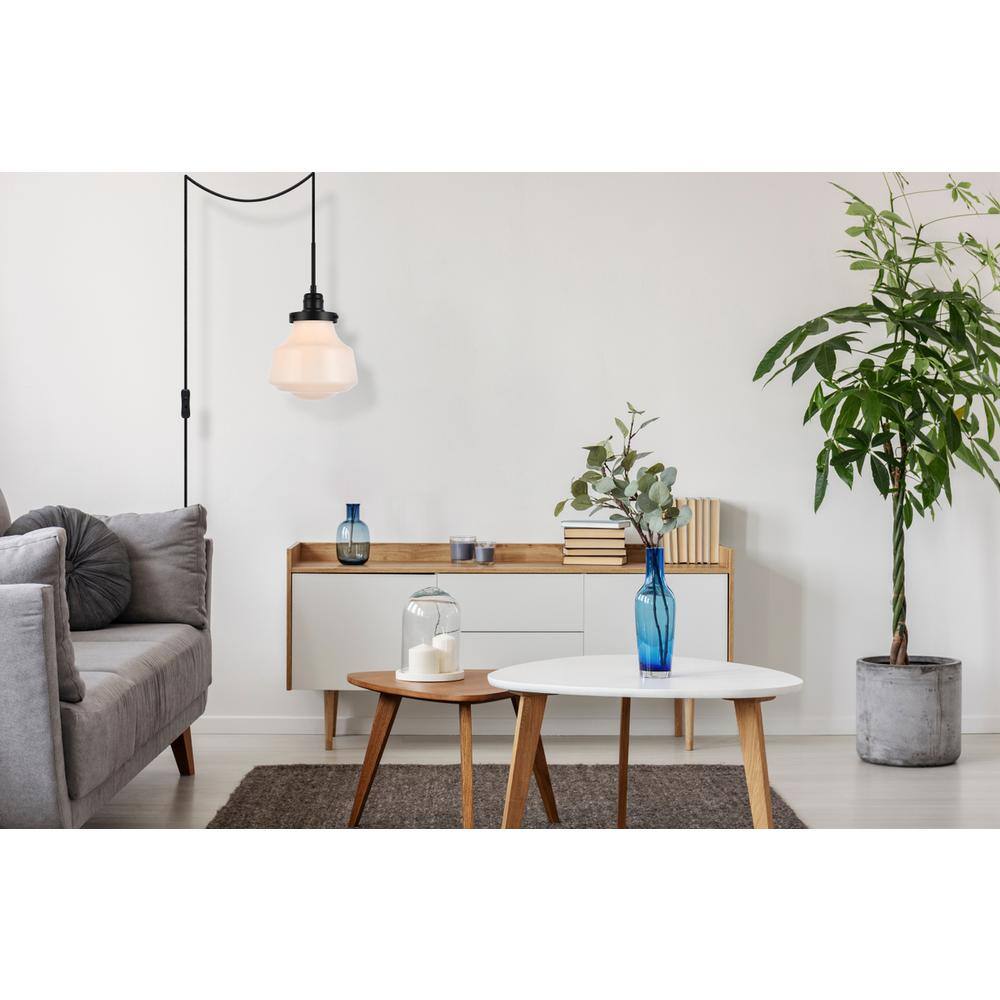 Angle. Living District - Lyle 1 light Black and frosted white glass plug in pendant - Black And Frosted White.