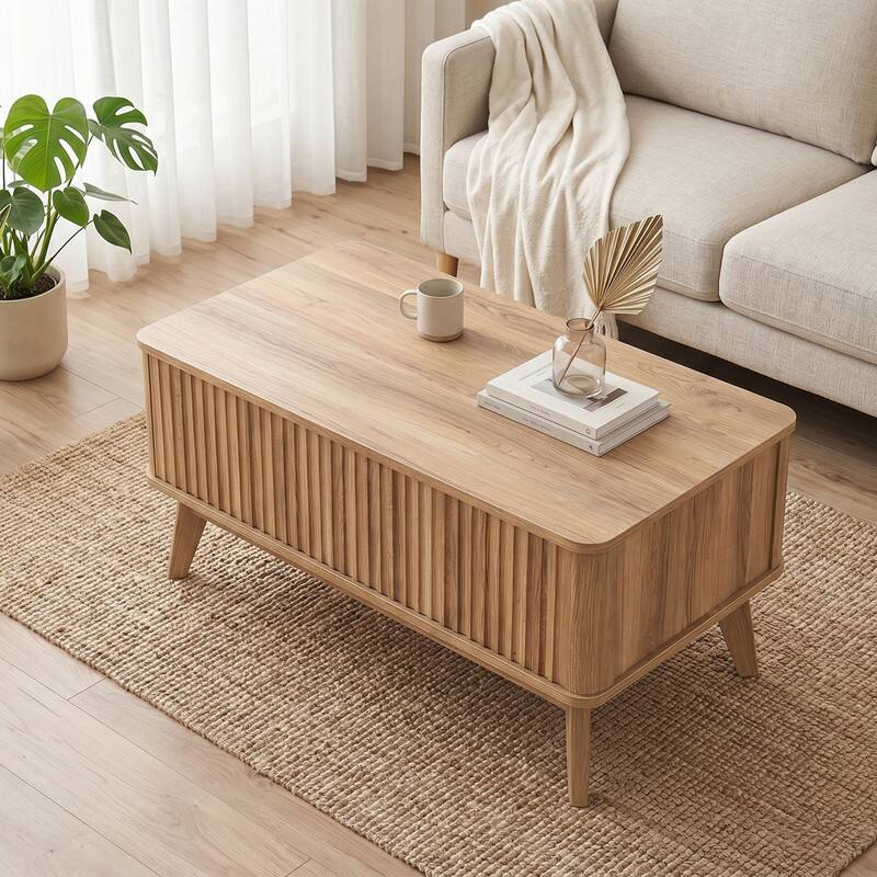 Left. WELLFOR - 35.5 " Modern Fluted Lift Top Coffee Table  with Hidden Storage, Rectangle Wood Center Table for Living Room - Walnut 35.5".