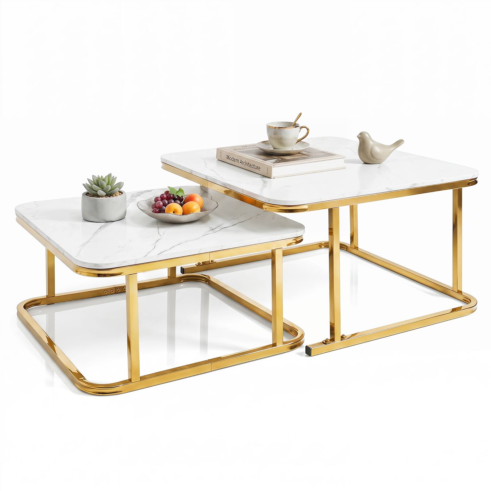 Costway - Nesting Coffee Table Set of 2 with Faux Marble Tabletop & Metal Frame for Home - White & Gold price history on PriceWatchPro