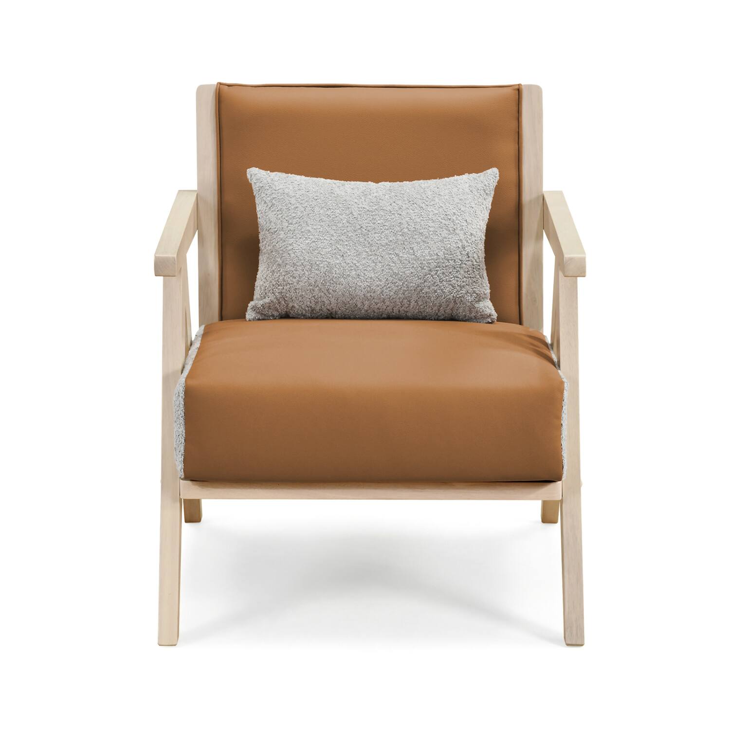 Left. WELLFOR - Mid-Century Modern Artificial Leather Accent Chair with Rubber Wood Frame - Brown.