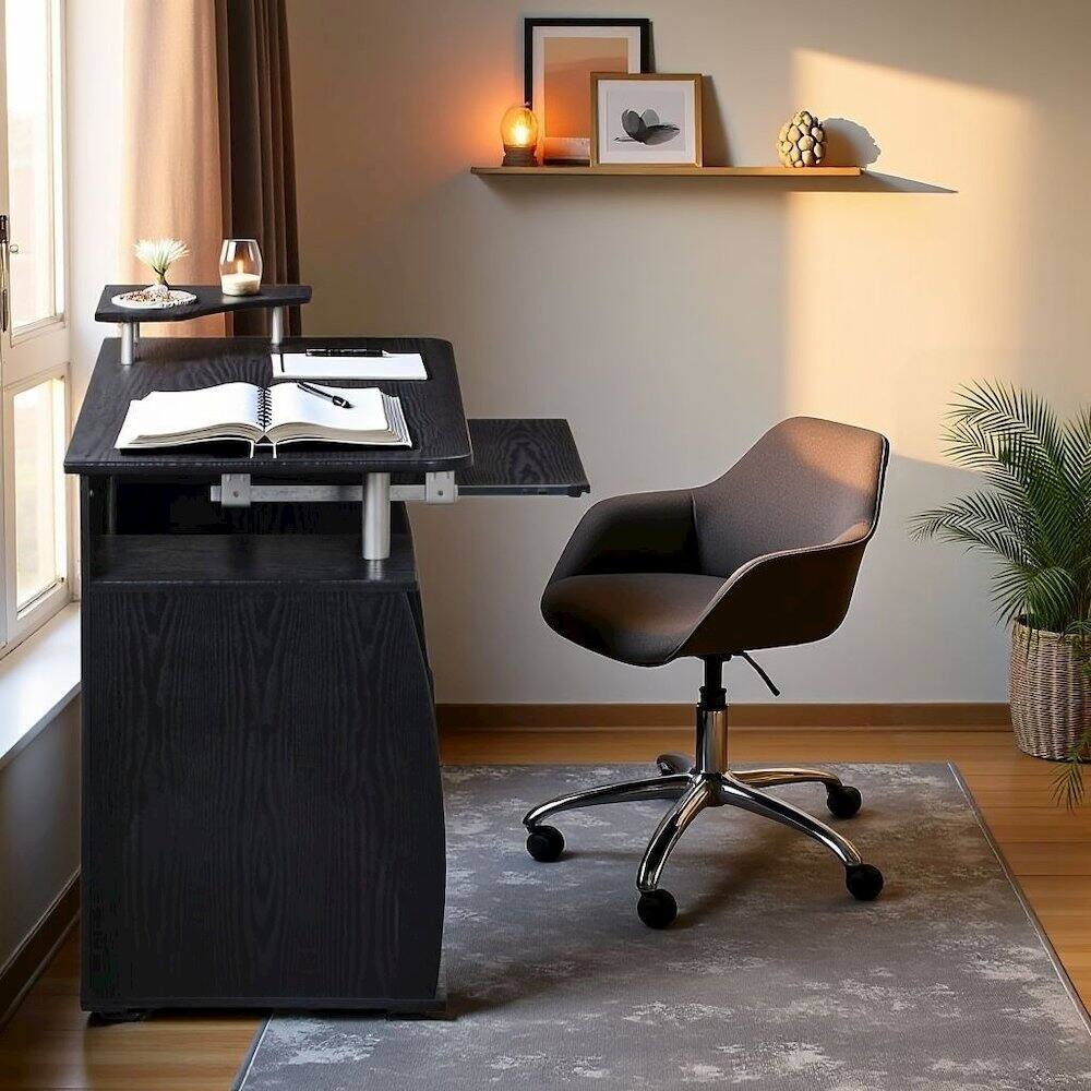 Alt View 4. FurniFact - Brown Office Desk with Storage, Writing Wood Desk with 2 Drawers - Brown.