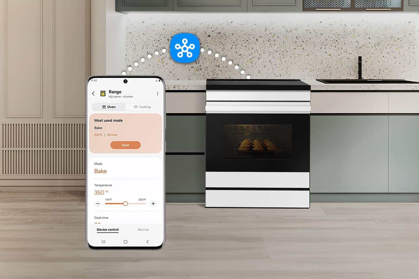 The image shows a kitchen with a range and oven, and a cell phone displaying the temperature and cook time for the bake mode. The text on the image reads: "12:45 Range My home Kitchen Oven Cooktop Most used mode Bake 220C 30 mins Start Mode Bake Temperature 350 "F I 175F 550F + Cook time Device control Service."