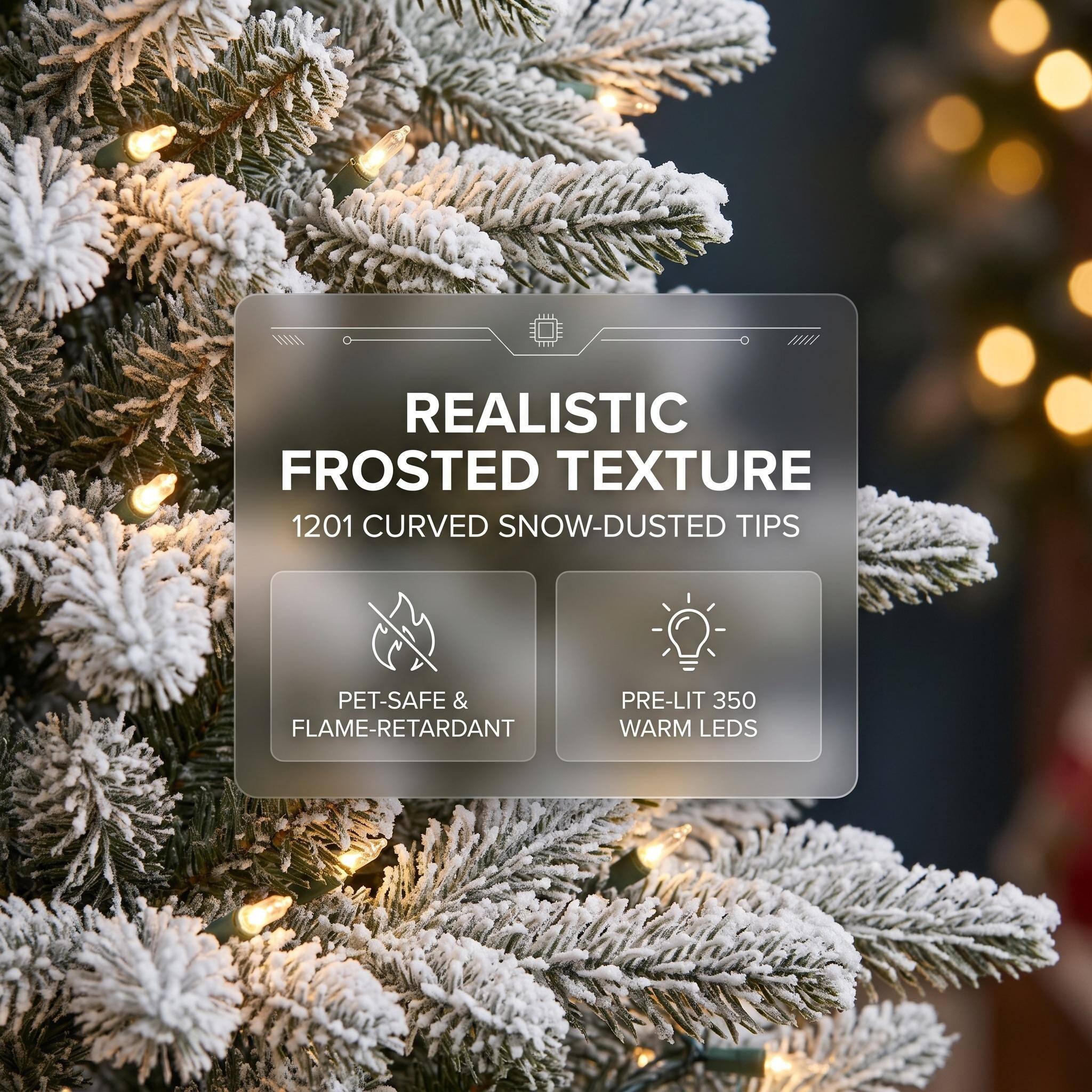 REALISTIC FROSTED TEXTURE  
1201 CURVED SNOW-DUSTED TIPS  
PET-SAFE & FLAME-RETARDANT  
PRE-LIT 350 WARM LEDS