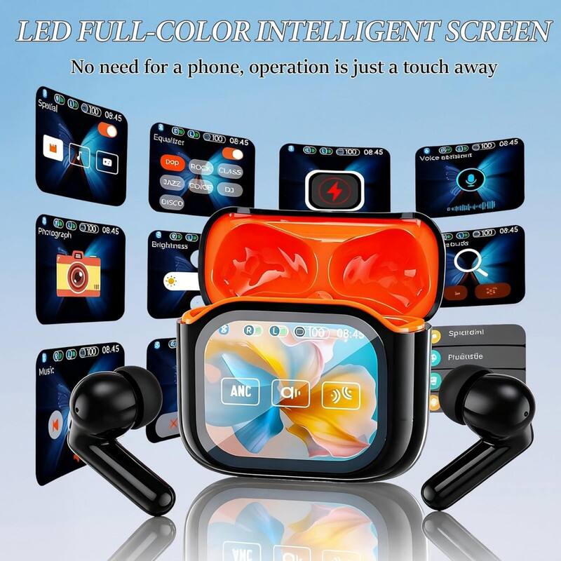 LED FULL-COLOR INTELLIGENT SCREEN  
No need for a phone, operation is just a touch away  

Spatial  
Equalizer  
Dop  
ROCK  
CLASS  
JAZZ  
EDM  
DJ  
DISCO  
Voice Assistant  
Photograph  
Brightness  
Music  
ANC