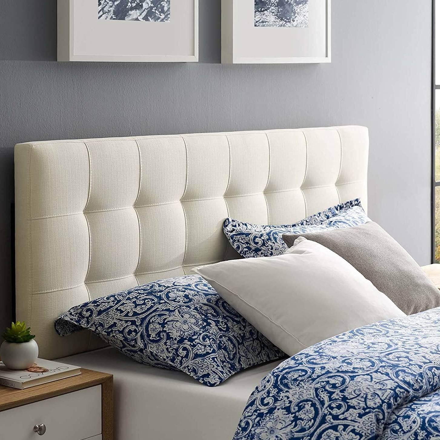 Alt View 1. Hivvago - Full size Ivory Linen Fabric Upholstered Tufted Headboard - Ivory.