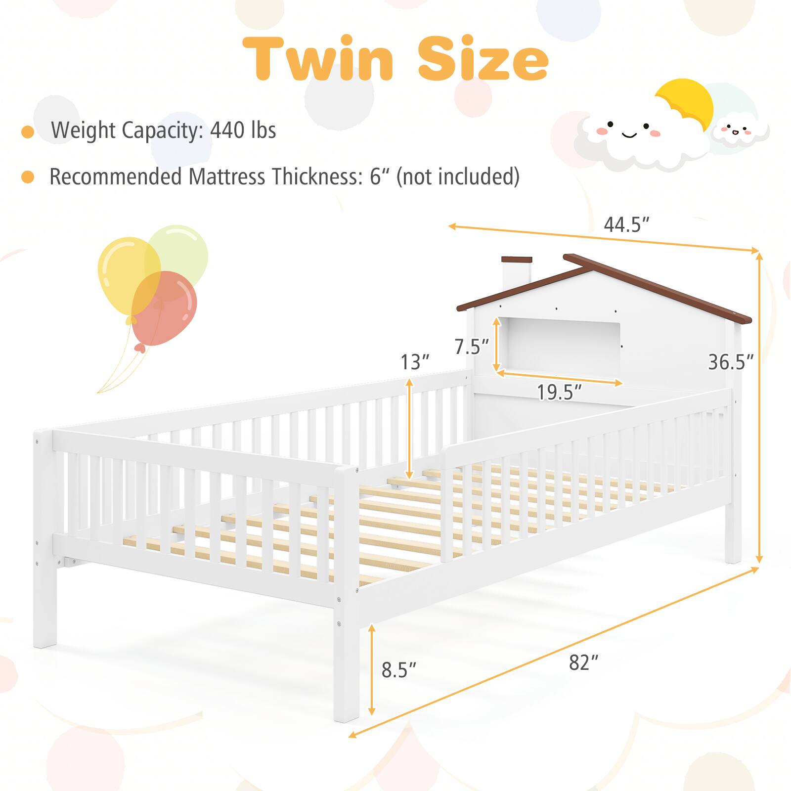 Twin Size

- Weight Capacity: 440 lbs
- Recommended Mattress Thickness: 6" (not included)

Dimensions:
- Length: 82"
- Width: 44.5"
- Height: 36.5"
- Side Rail Height: 13"
- Step Height: 7.5"
- Step Width: 19.5"
- Base Height: 8.5"