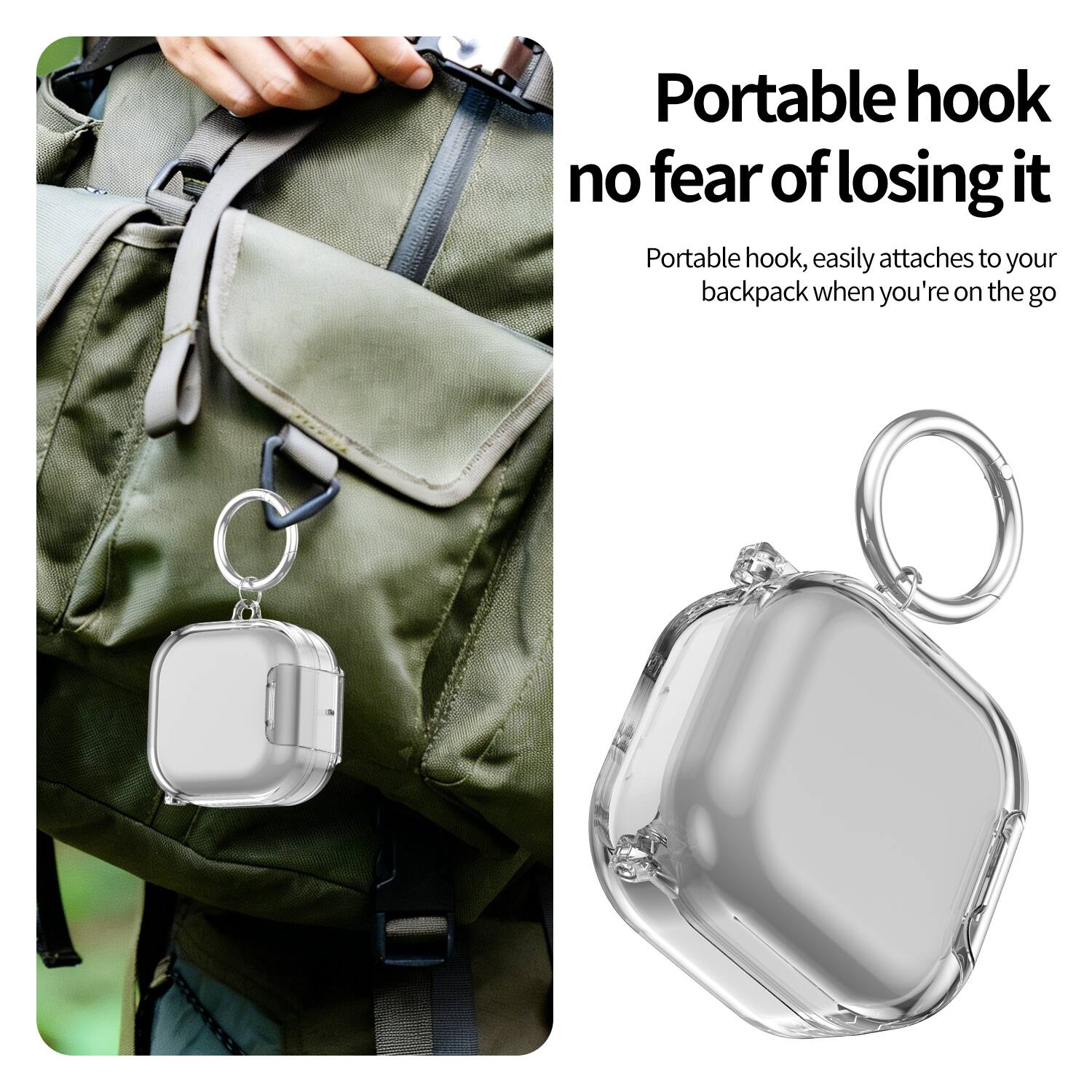 Portable hook no fear of losing it  
Portable hook, easily attaches to your backpack when you're on the go