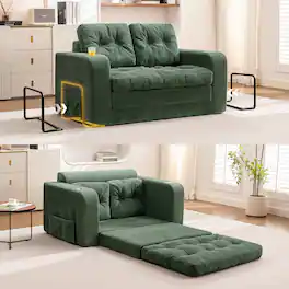KERDOM - 2 in 1 Small Convertible Loveseat Sofa Bed, Compact Folding Futon Sleeper with Cup Holder, Pull Out Couch for Guest Room - Green