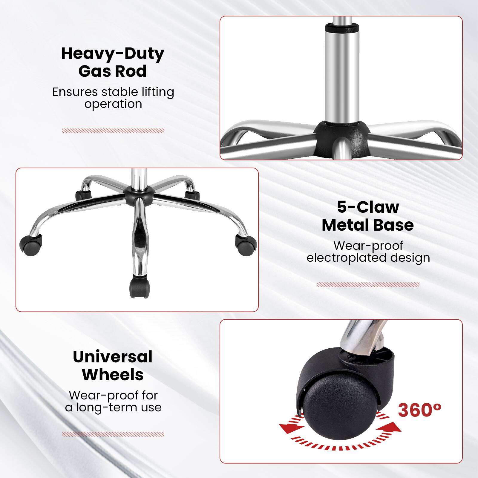 The image shows a chair with a metal base and a gas rod. The metal base is described as a 5-claw metal base, which is wear-proof and electroplated. The chair also has universal wheels, which are also wear-proof and designed for long-term use. The gas rod ensures stable lifting operation.