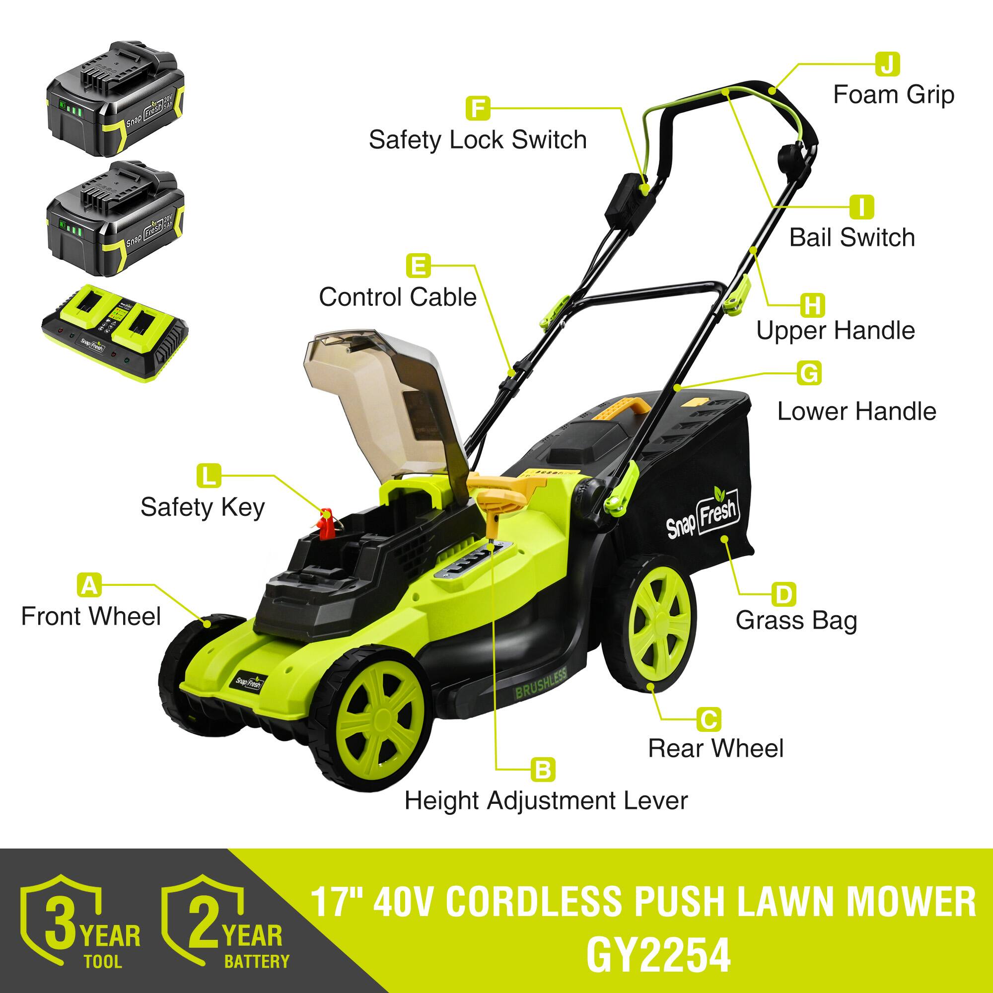 - L: Safety Key
- A: Front Wheel
- D: Grass Bag
- B: Height Adjustment Lever
- C: Rear Wheel
- G: Lower Handle
- H: Upper Handle
- I: Bail Switch
- J: Foam Grip
- K: Safety Lock Switch
- E: Control Cable
- F: Safety Lock Switch

17" 40V CORDLESS PUSH LAWN MOWER  
GY2254

3 YEAR TOOL  
2 YEAR BATTERY