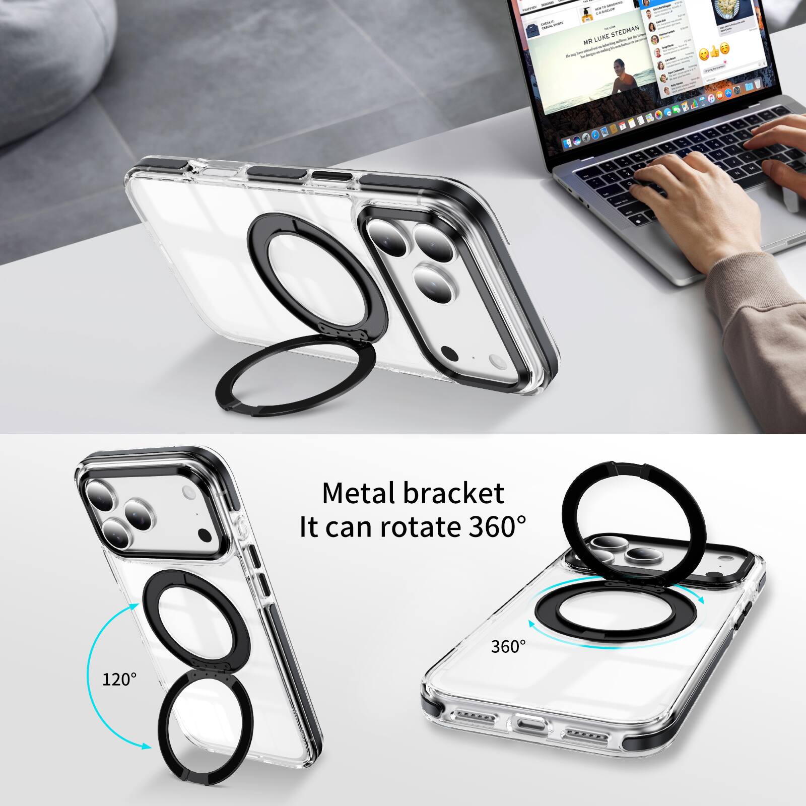 Metal bracket  
It can rotate 360°  
120°
