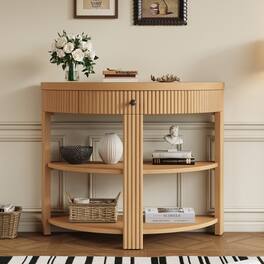MERAVOM - Fluted Half Moon Console Table with Drawer and 2 Shelves, 3 Tier Sofa Table with Storage, Entryway Table for Living Room - Natural