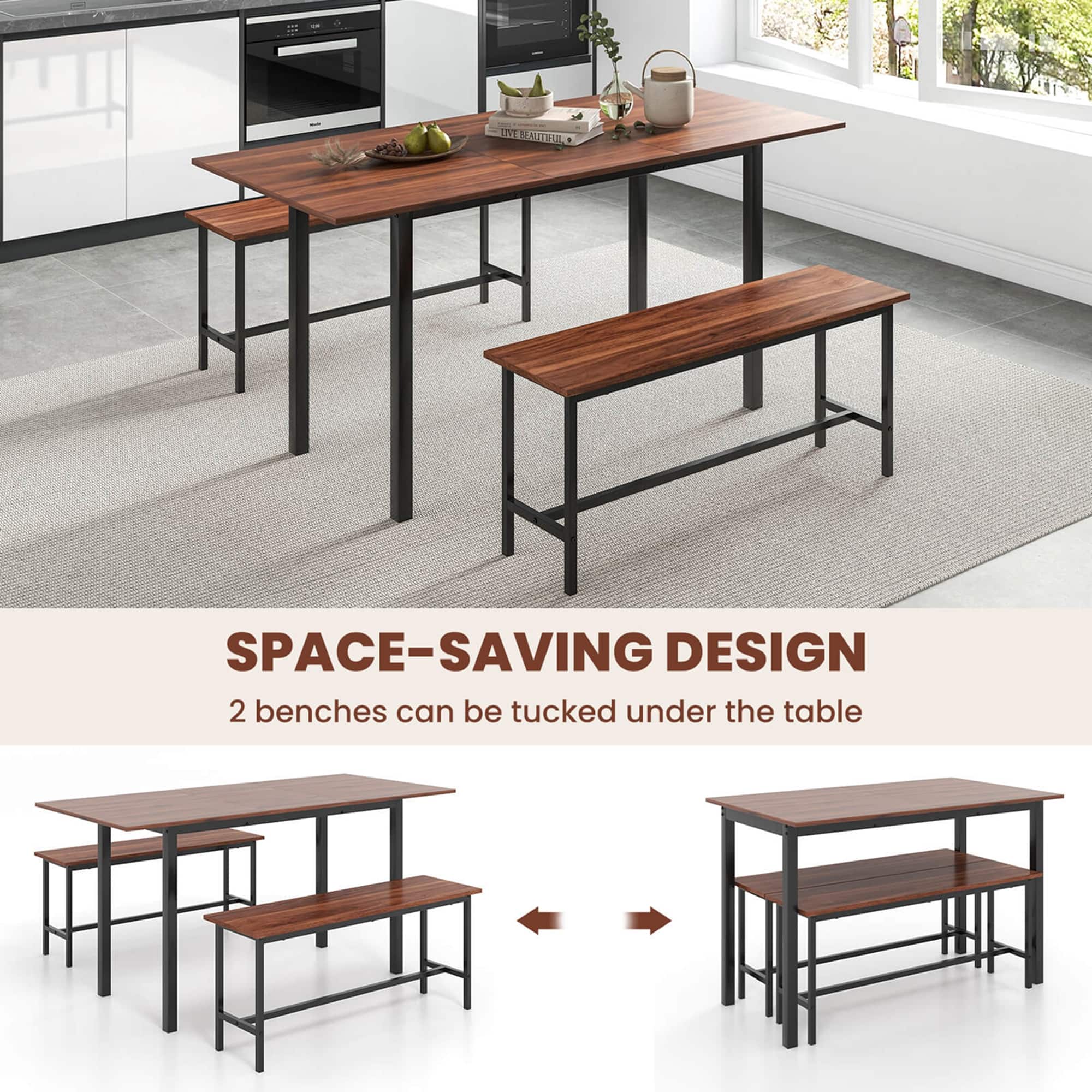 Space-saving design: 2 benches can be tucked under the table.