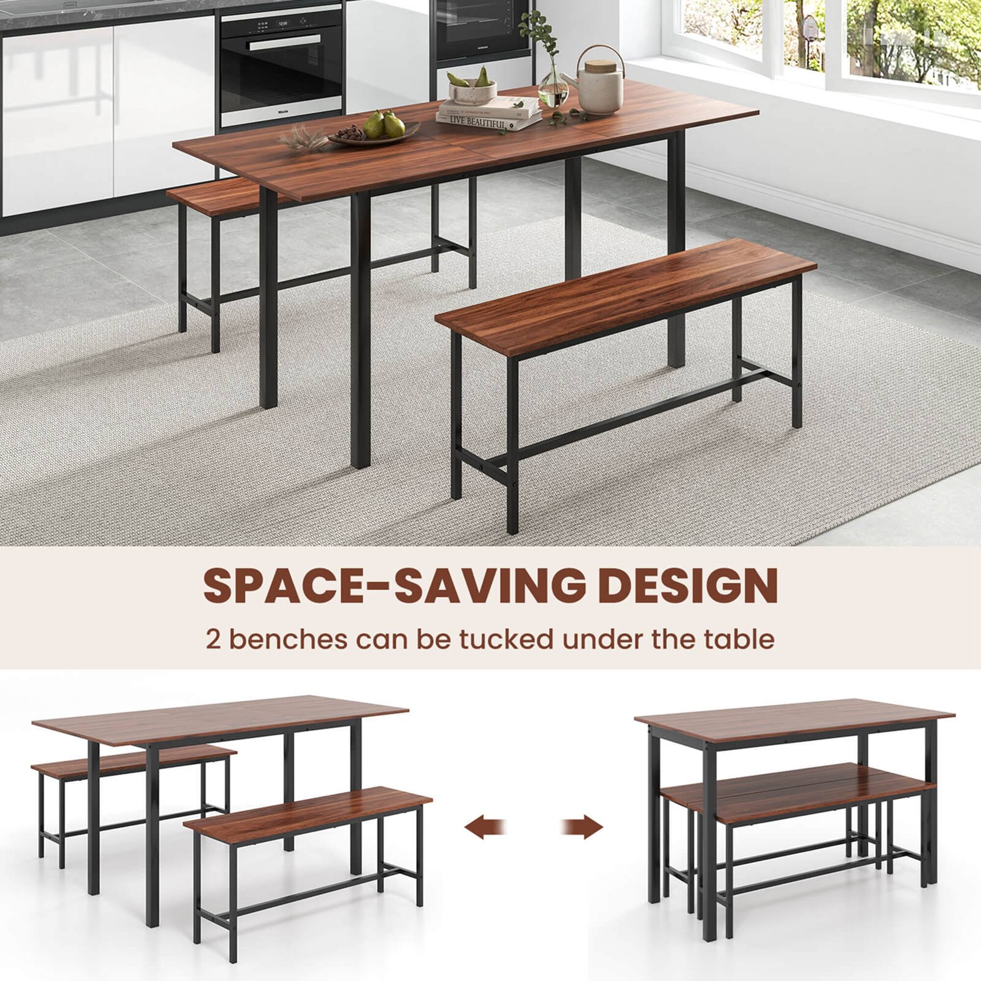 Space-saving design: 2 benches can be tucked under the table.